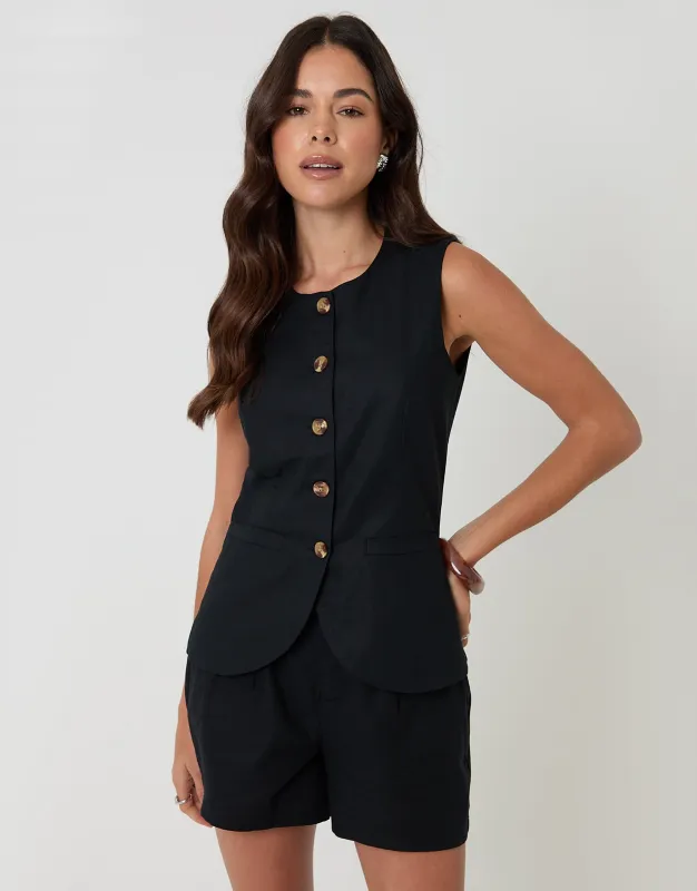 Black Linen Blend Longline Waistcoat sold by Threadbare