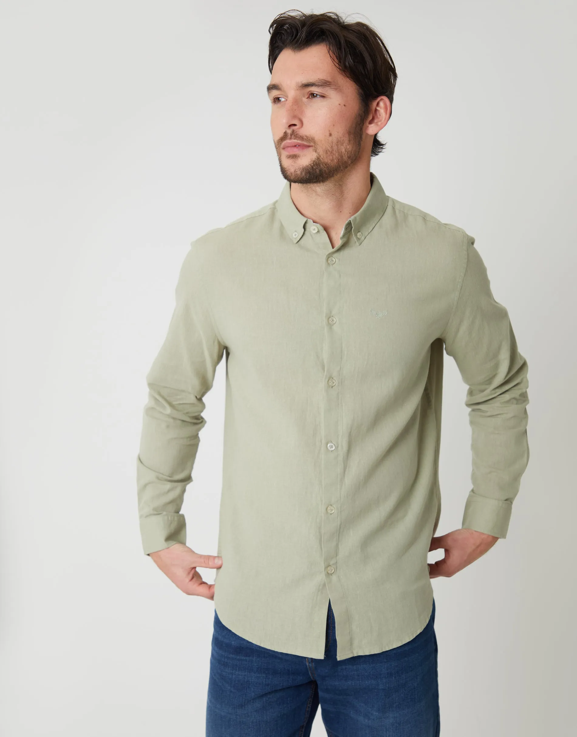 Long Sleeve Linen Blend Shirt in Sage Green sold by Threadbare
