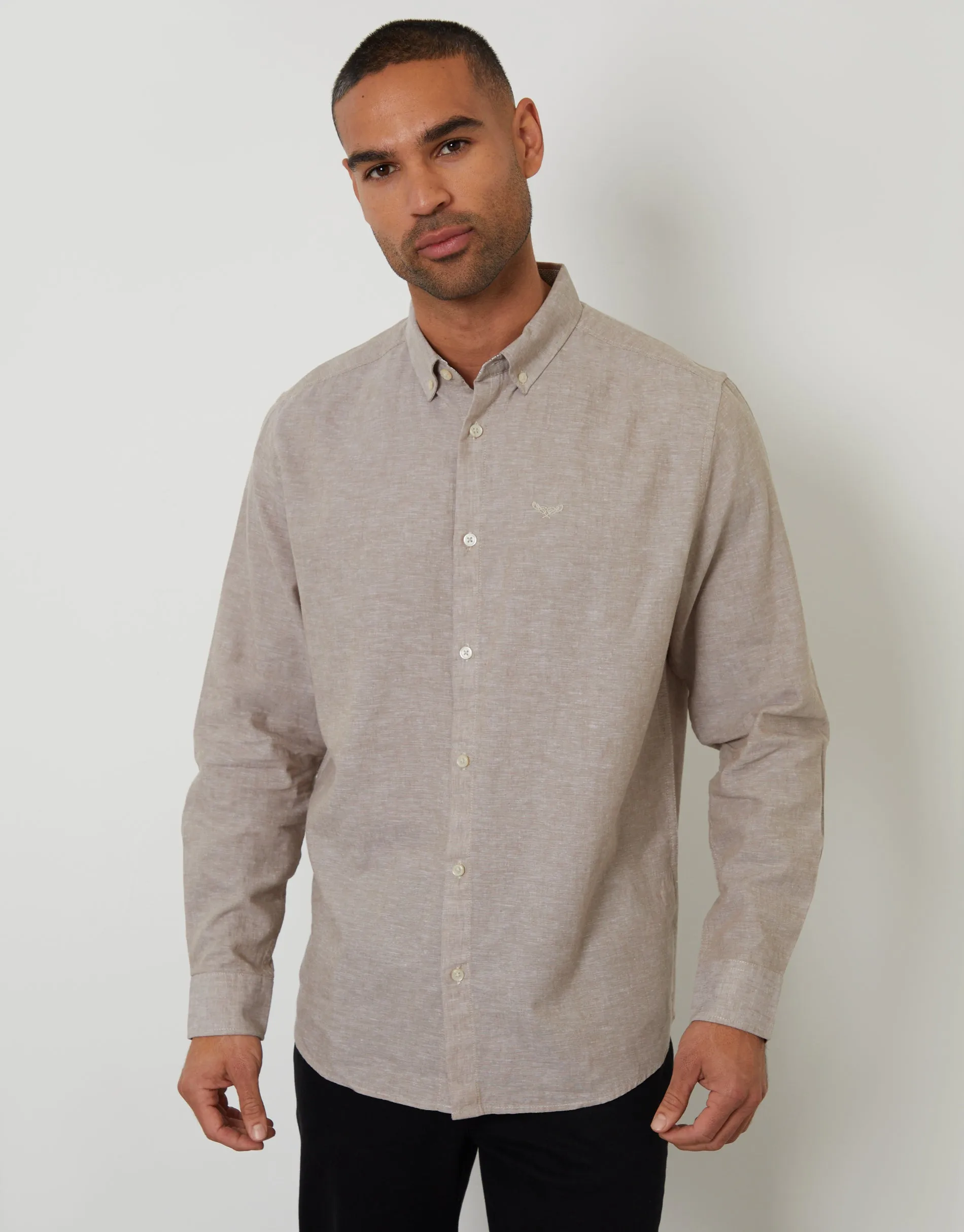 Long Sleeve Linen Blend Shirt in Taupe sold by Threadbare