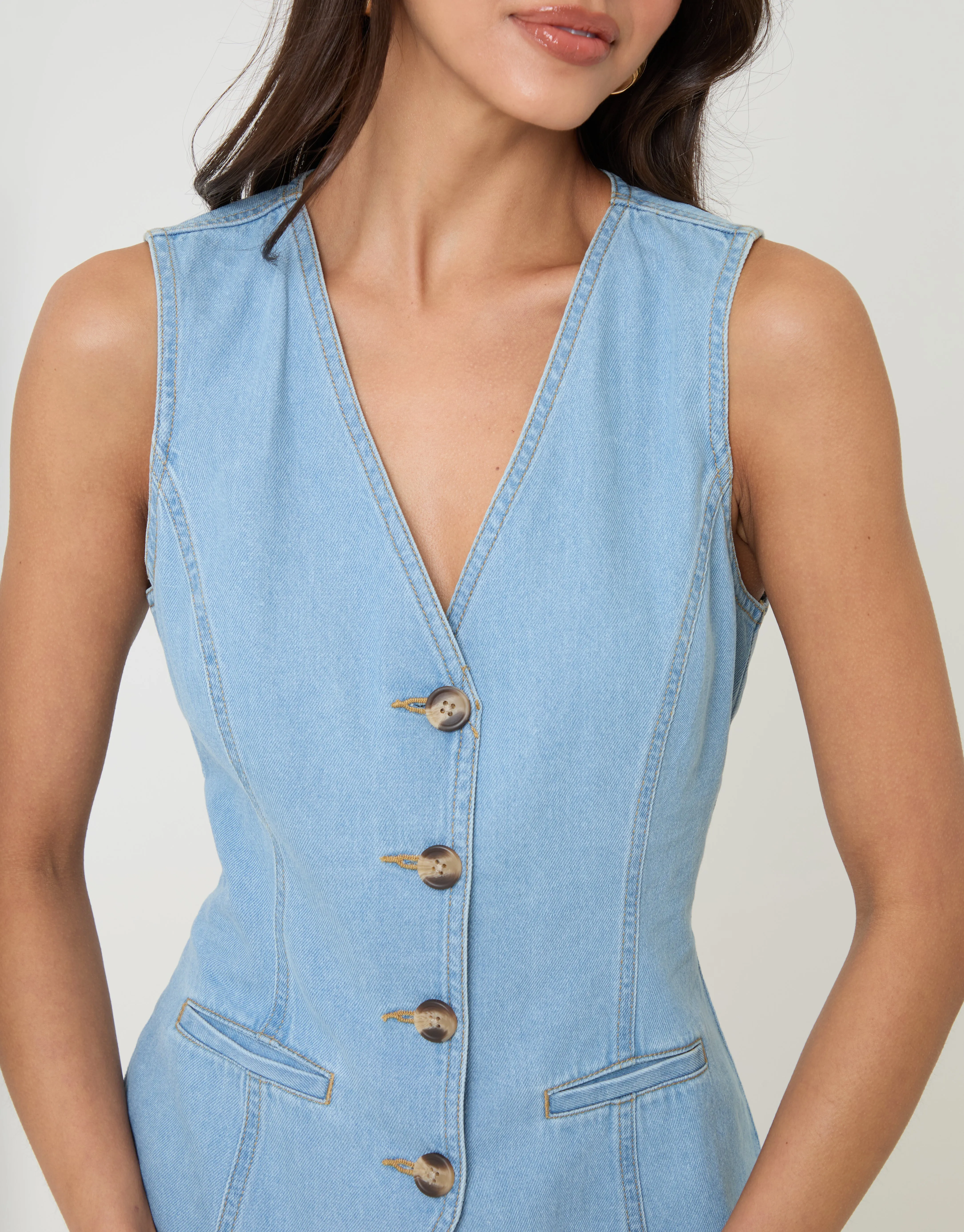 Light Wash Denim Longline V-Neck Waistcoat sold by Threadbare product image thumbnail 4