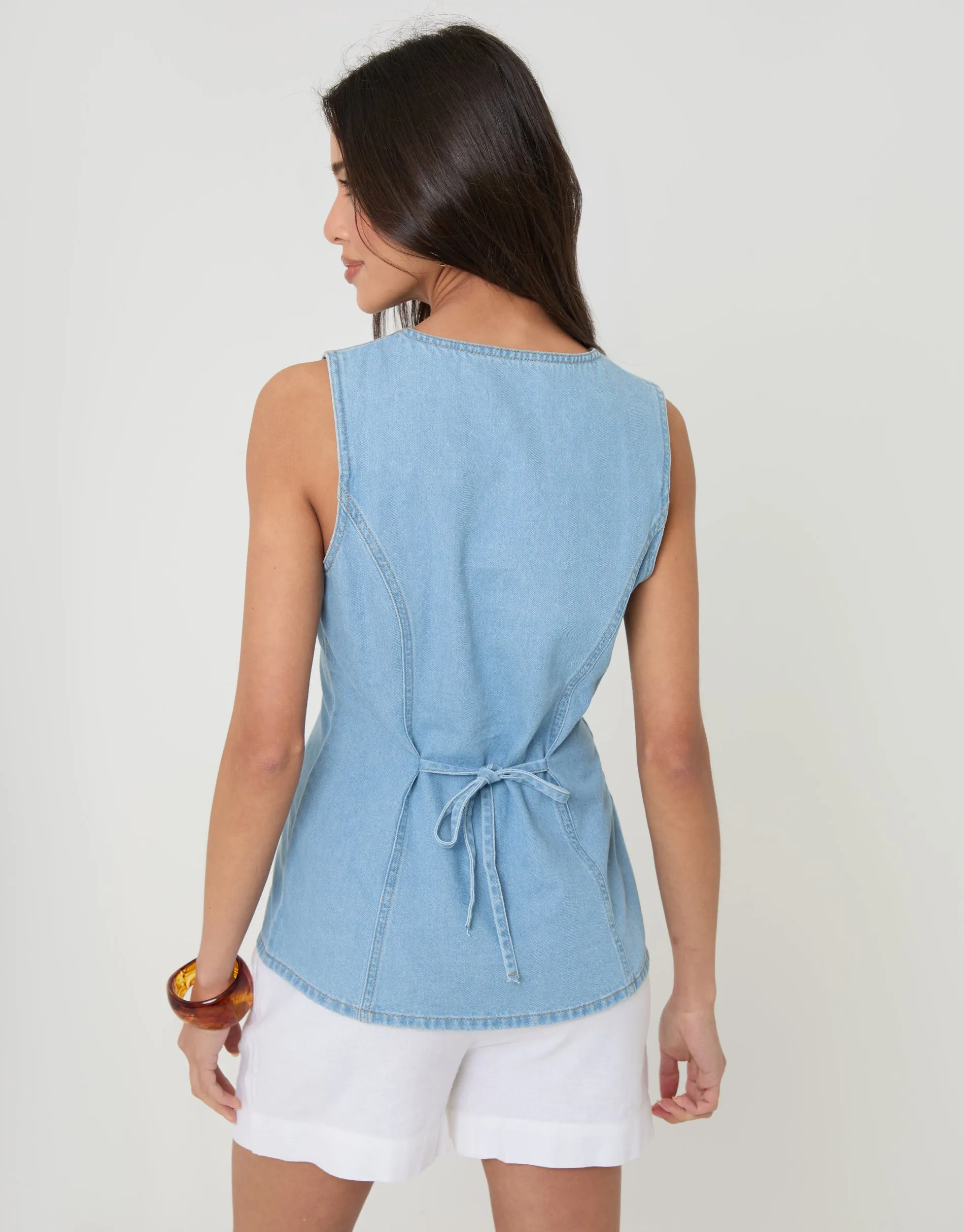 Light Wash Denim Longline V-Neck Waistcoat sold by Threadbare product image thumbnail 2