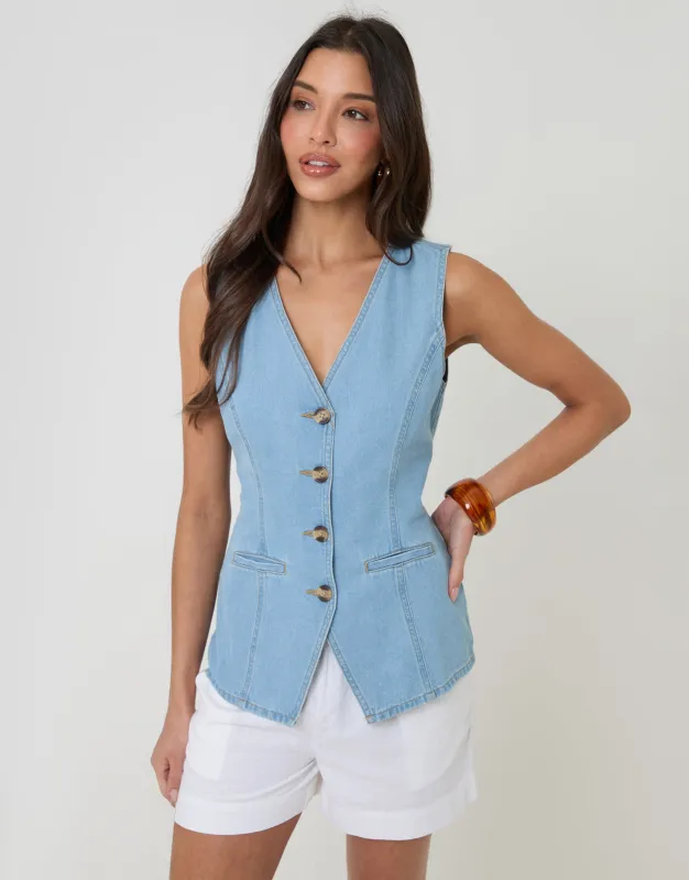 Light Wash Denim Longline V-Neck Waistcoat sold by Threadbare