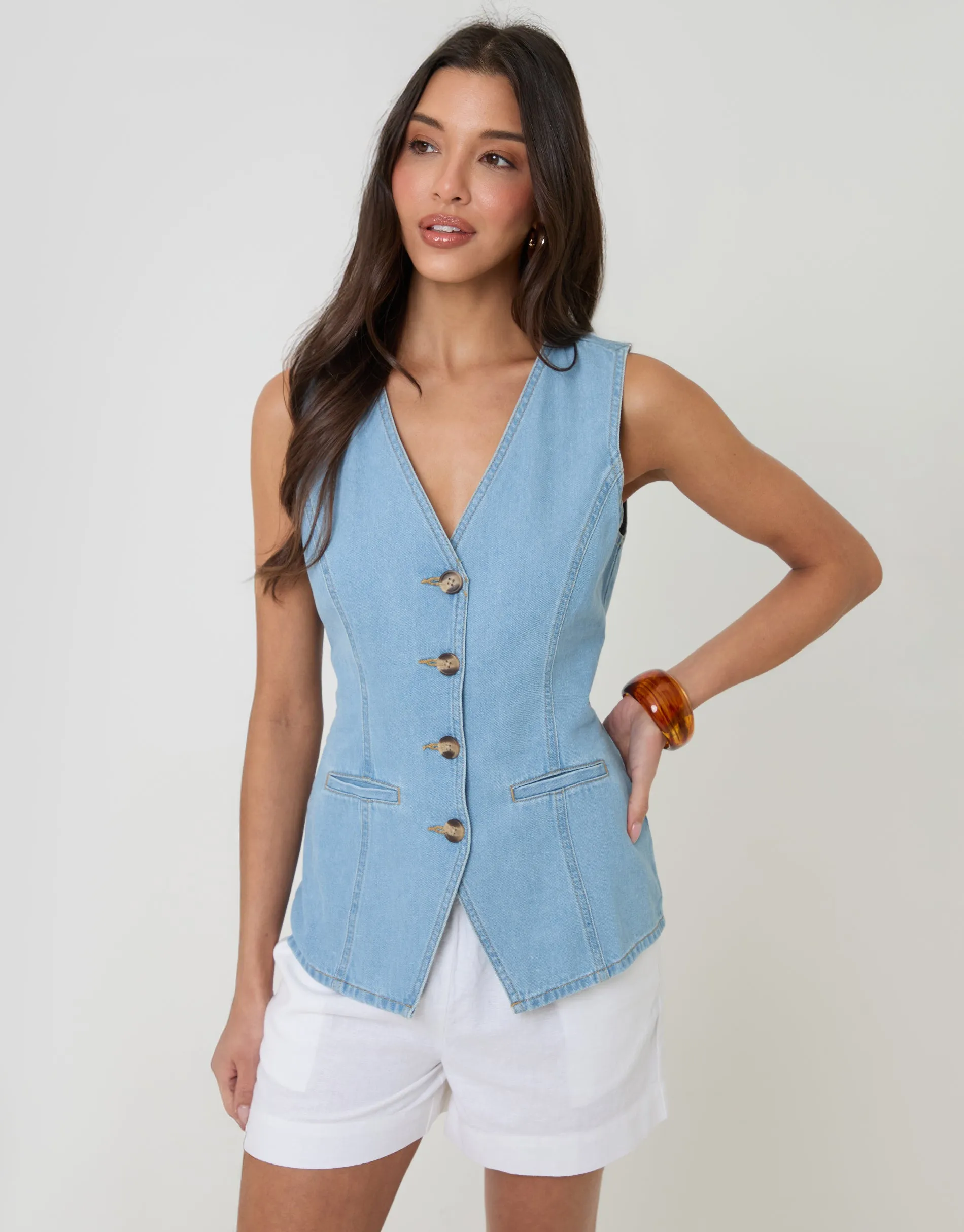 Light Wash Denim Longline V-Neck Waistcoat sold by Threadbare