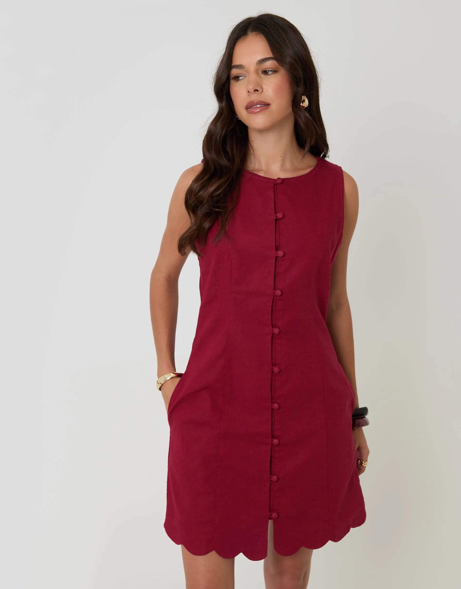 Red Linen Blend Pinafore Dress sold by Threadbare
