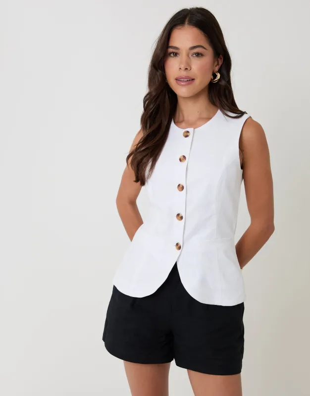 White Linen Blend Longline Waistcoat made by Threadbare