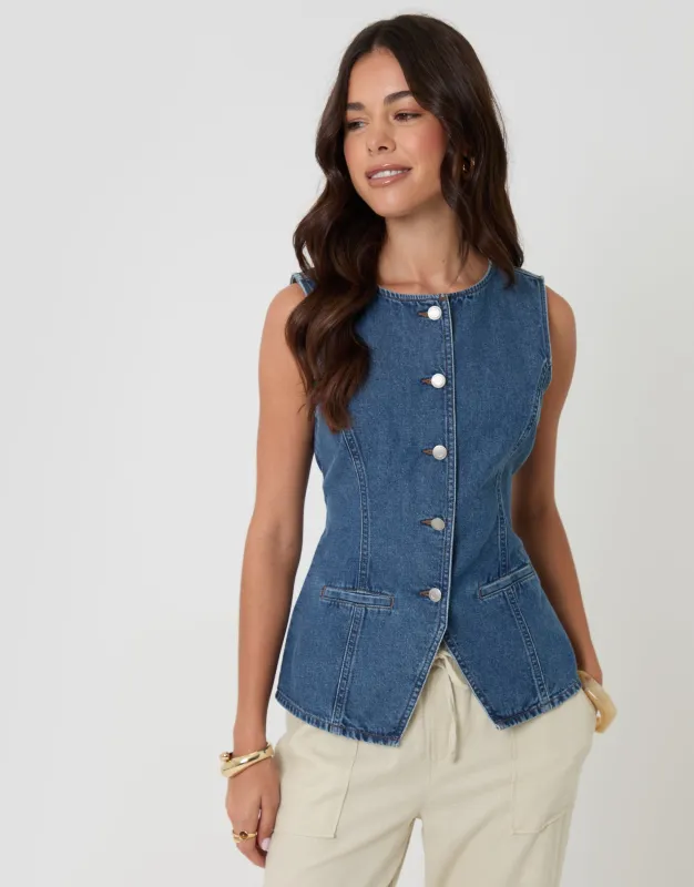 Mid Wash Denim Longline Waistcoat made by Threadbare
