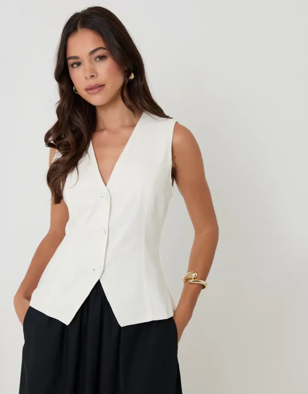 White Linen Blend V-Neck Waistcoat made by Threadbare