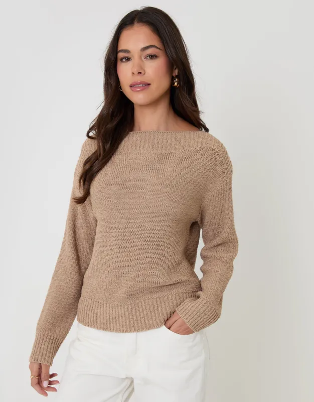 Taupe Knitted Yarn Slash Neck Jumper made by Threadbare