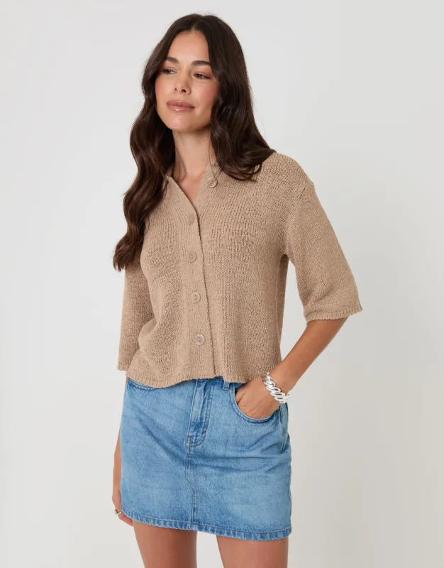 Knitted Button Up Polo Shirt in Taupe made by Threadbare