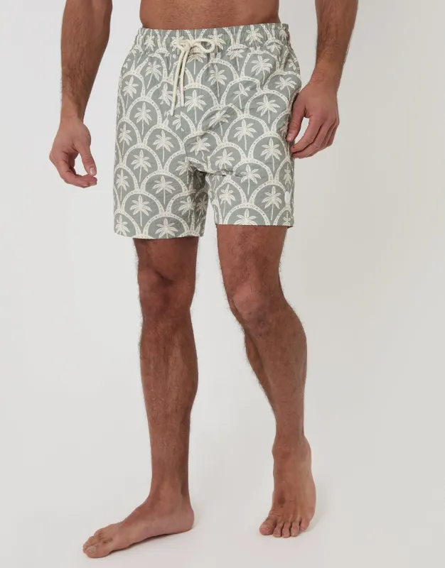 Sage Green Palm Print Seersucker Swim Shorts made by Threadbare