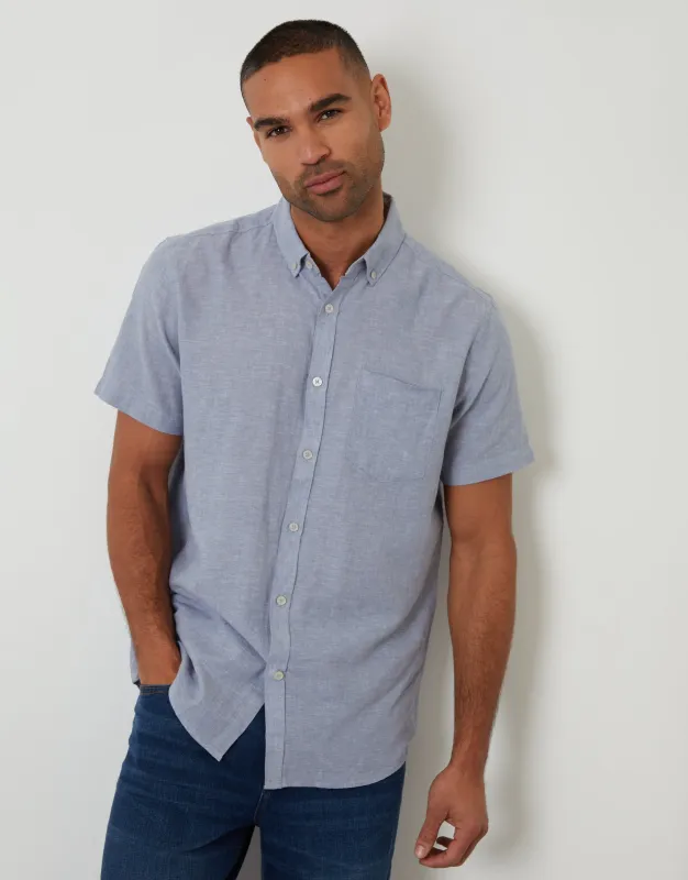 Denim Blue Short Sleeve Linen Blend Shirt sold by Threadbare