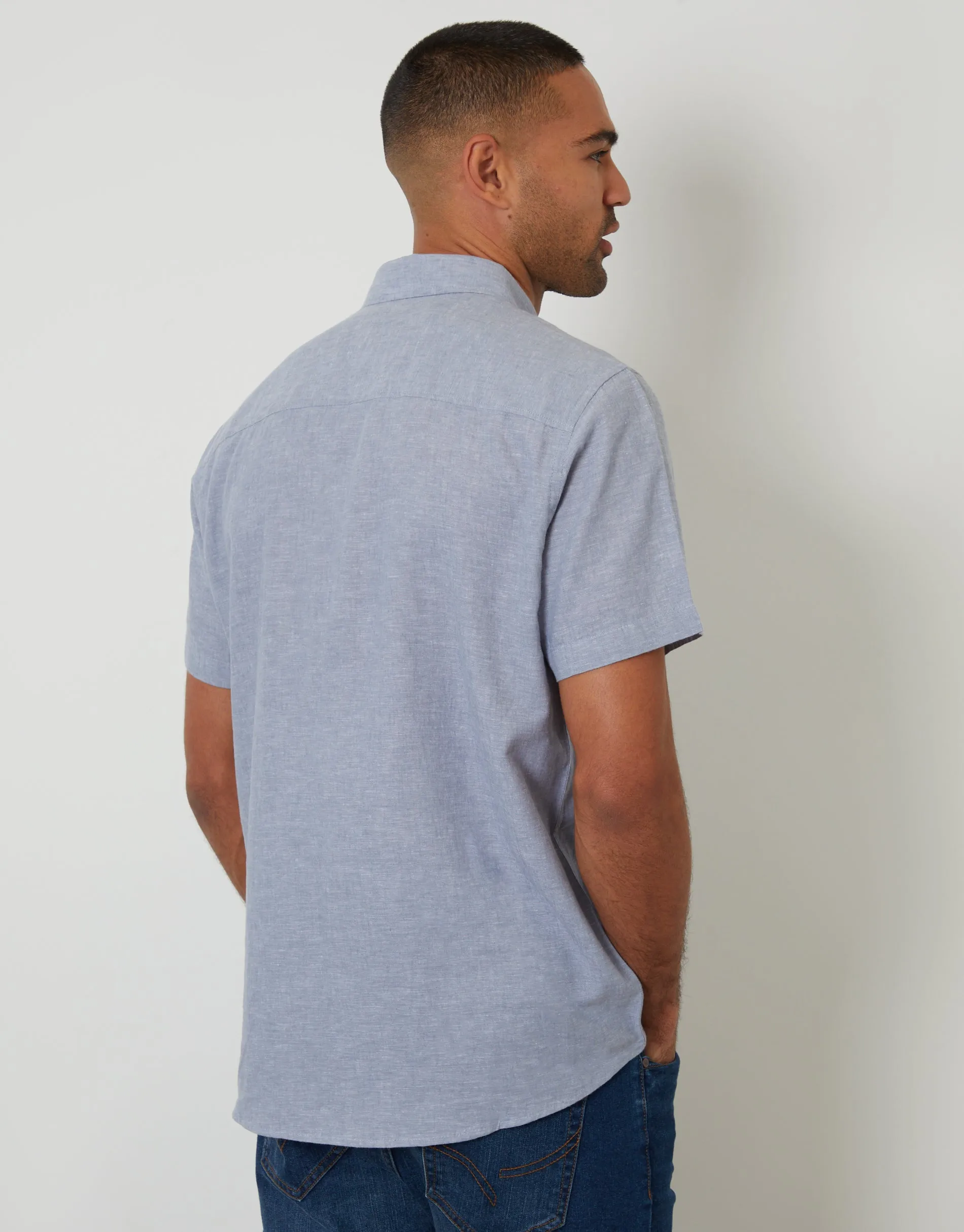 Denim Blue Short Sleeve Linen Blend Shirt sold by Threadbare product image thumbnail 2
