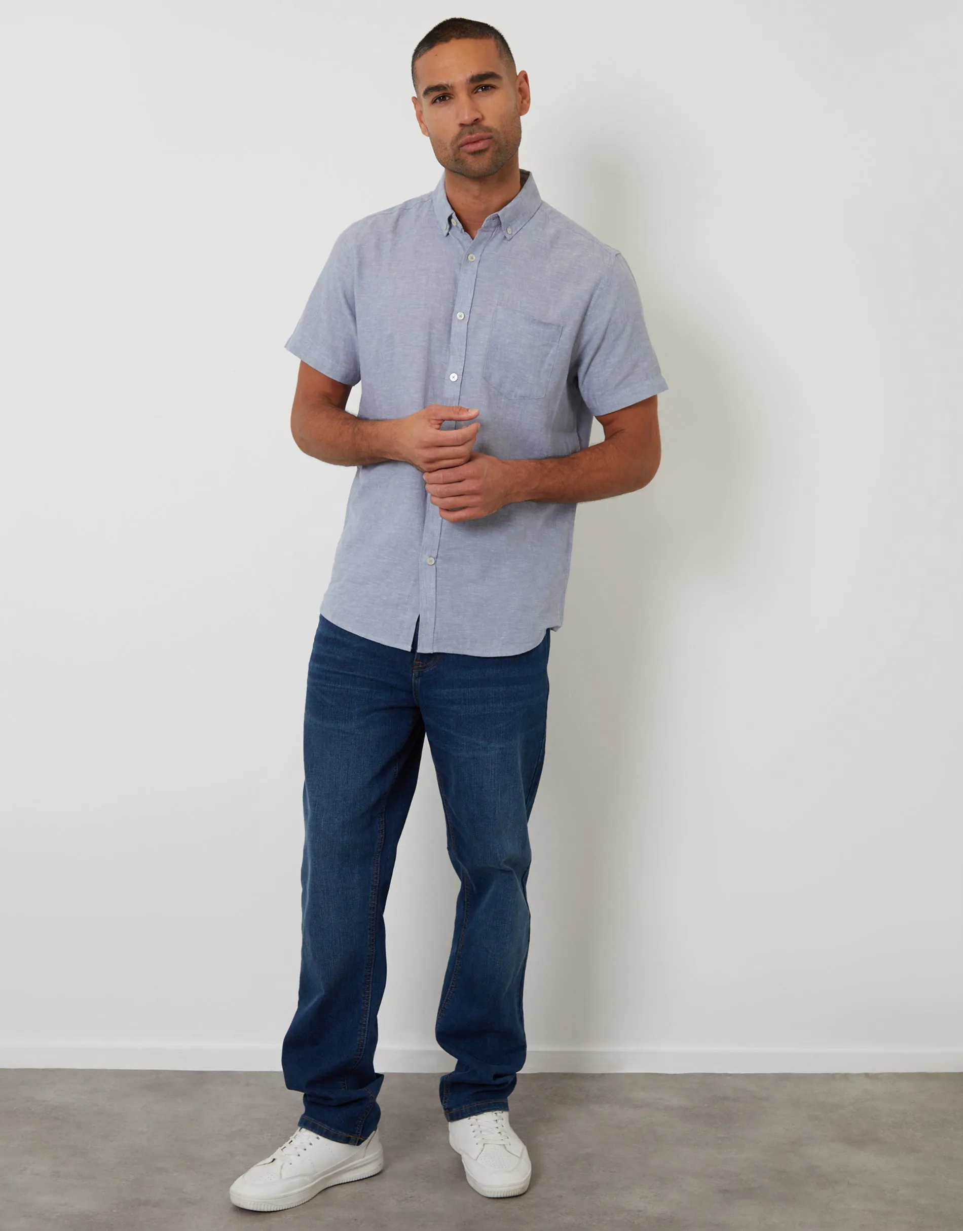 Denim Blue Short Sleeve Linen Blend Shirt sold by Threadbare product image thumbnail 3