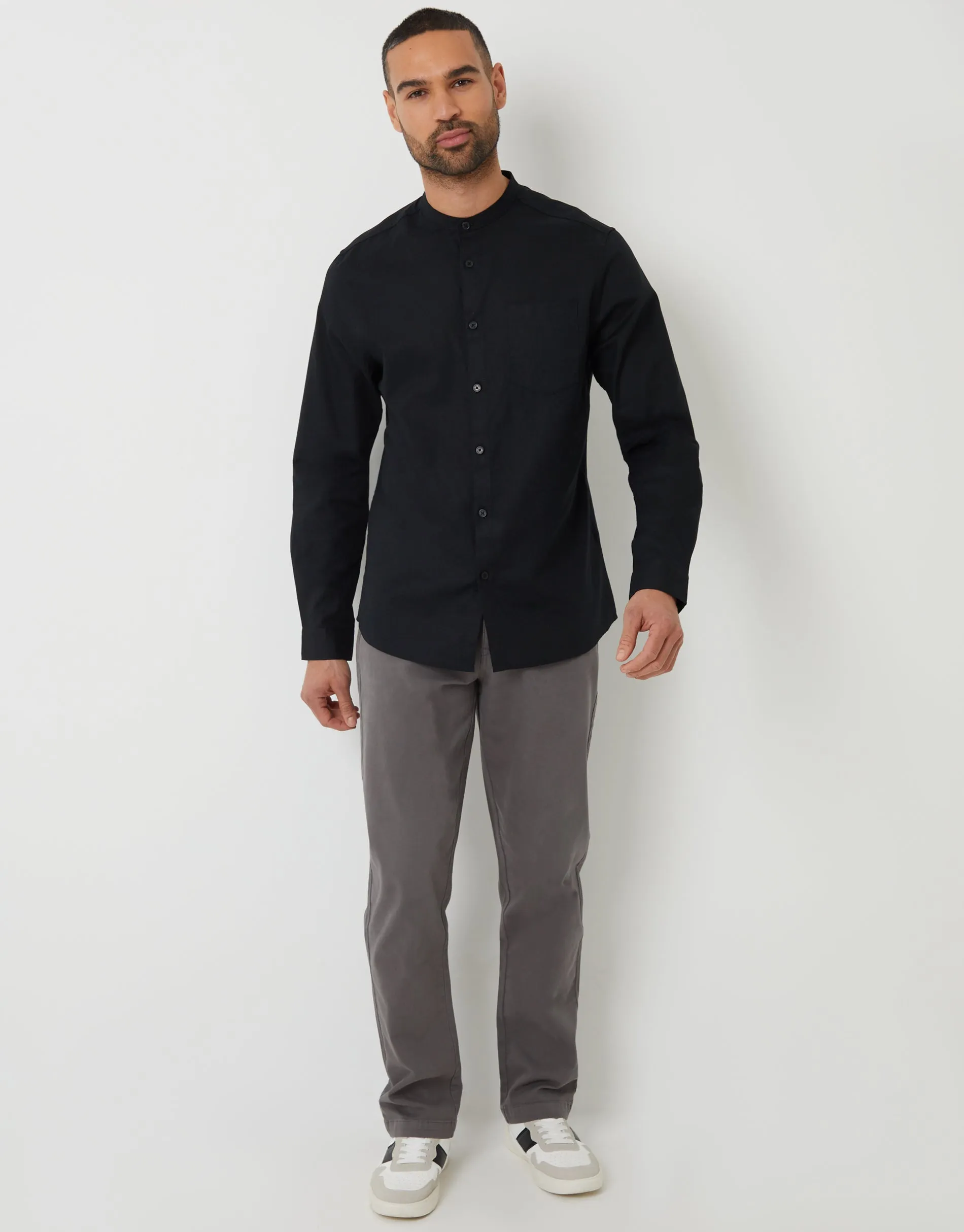 Black Grandad Collar Linen Blend Long Sleeve Shirt sold by Threadbare product image thumbnail 3