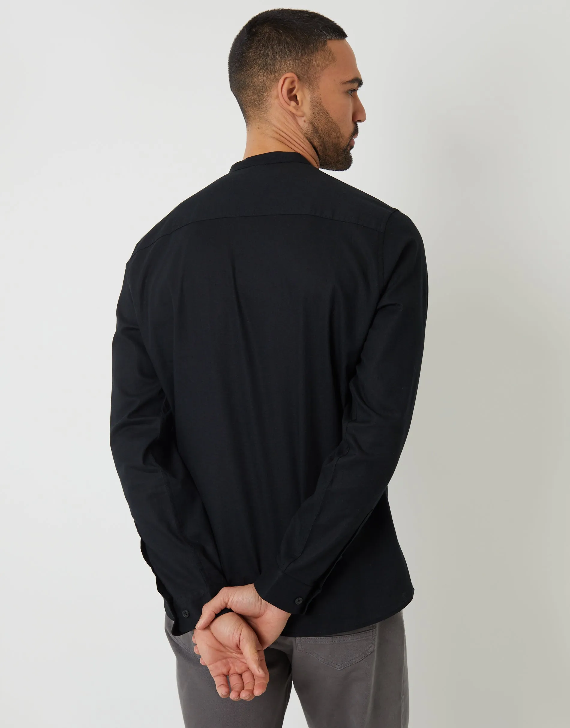 Black Grandad Collar Linen Blend Long Sleeve Shirt sold by Threadbare product image thumbnail 2