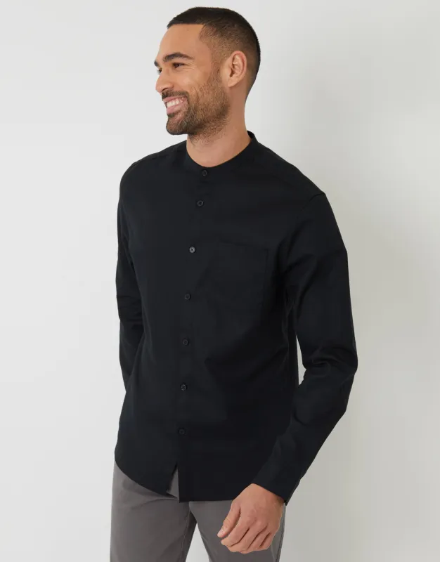 Black Grandad Collar Linen Blend Long Sleeve Shirt sold by Threadbare