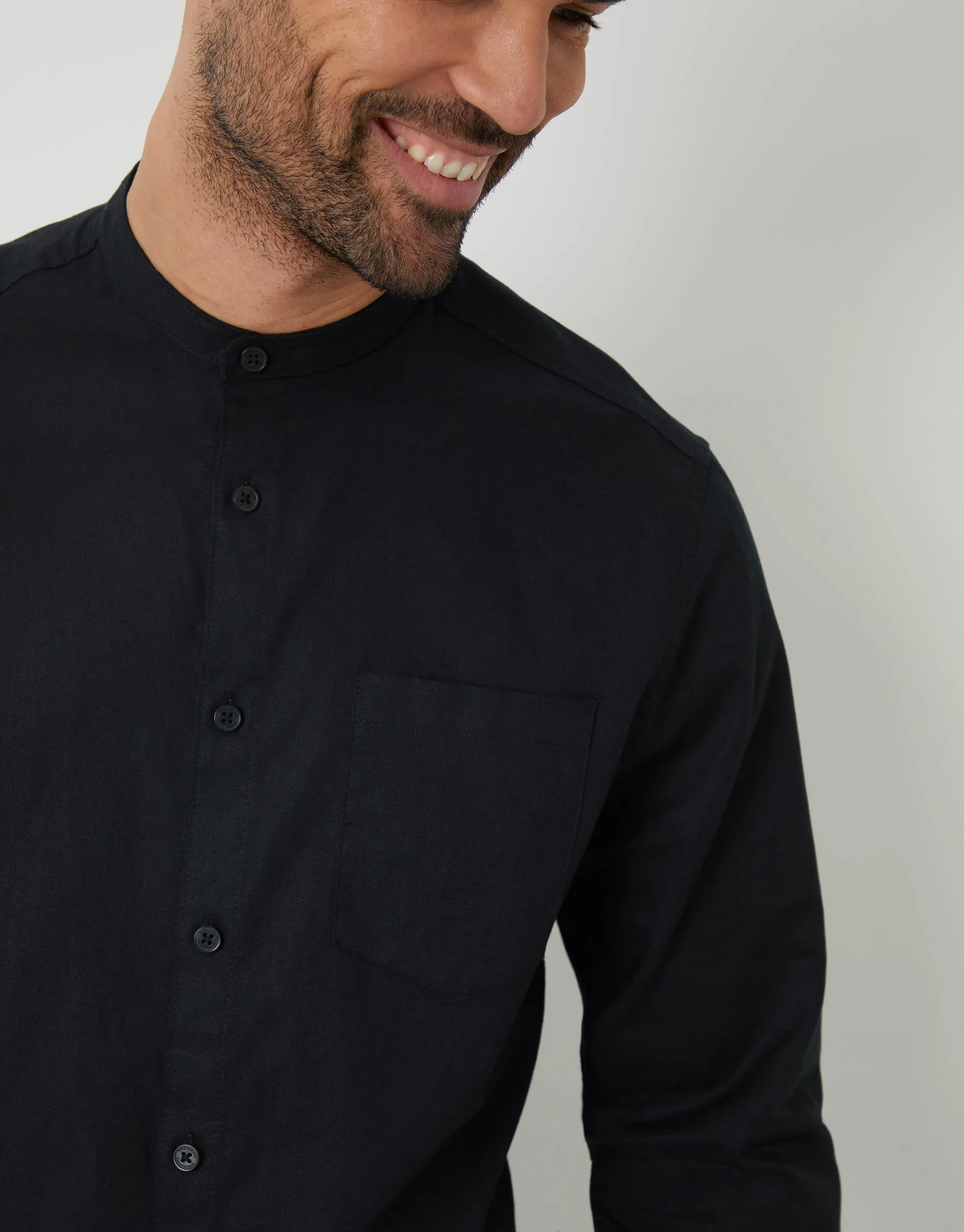 Black Grandad Collar Linen Blend Long Sleeve Shirt sold by Threadbare product image thumbnail 4