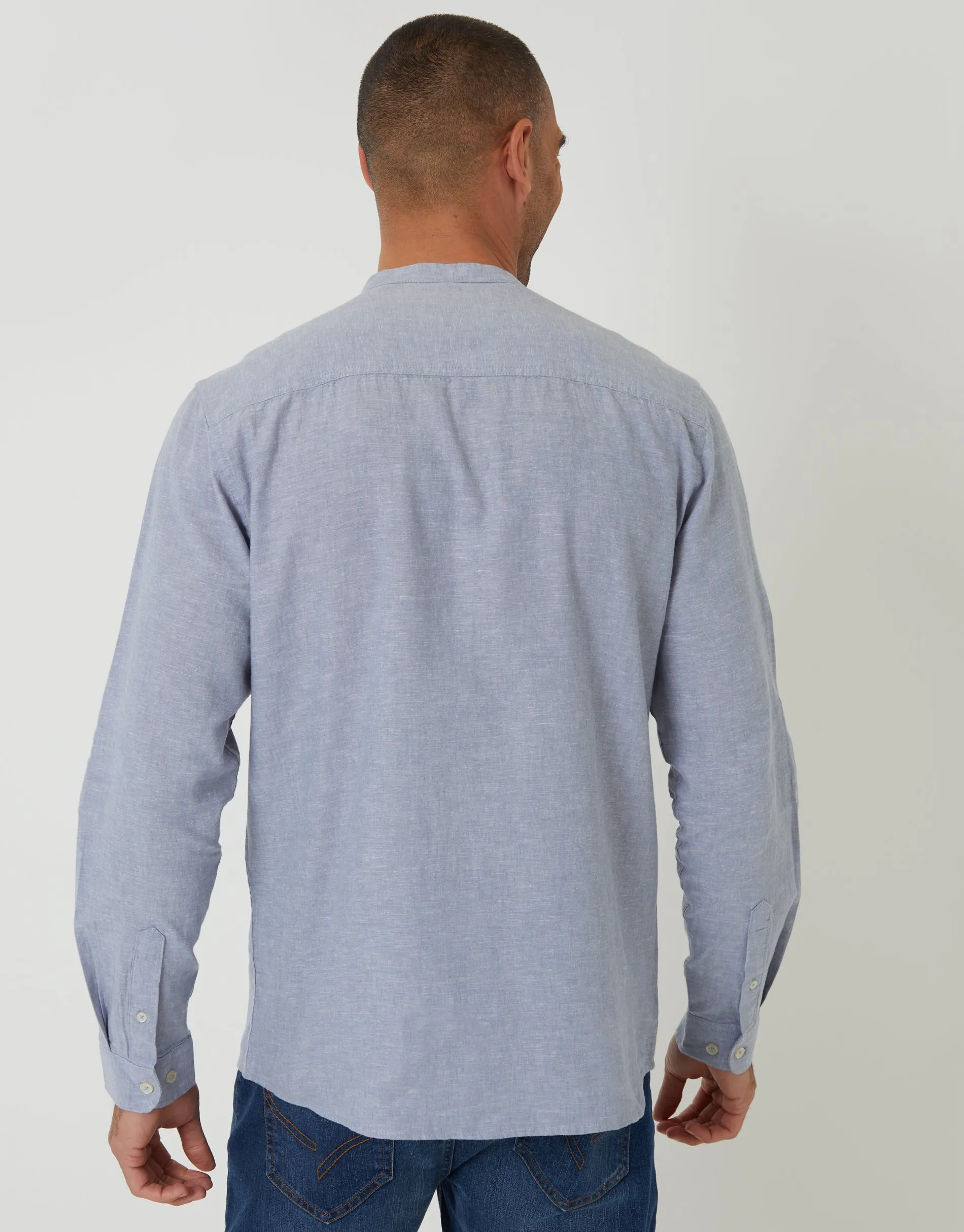 Grandad Collar Linen Blend Long Sleeve Shirt in Denim Blue sold by Threadbare product image thumbnail 2