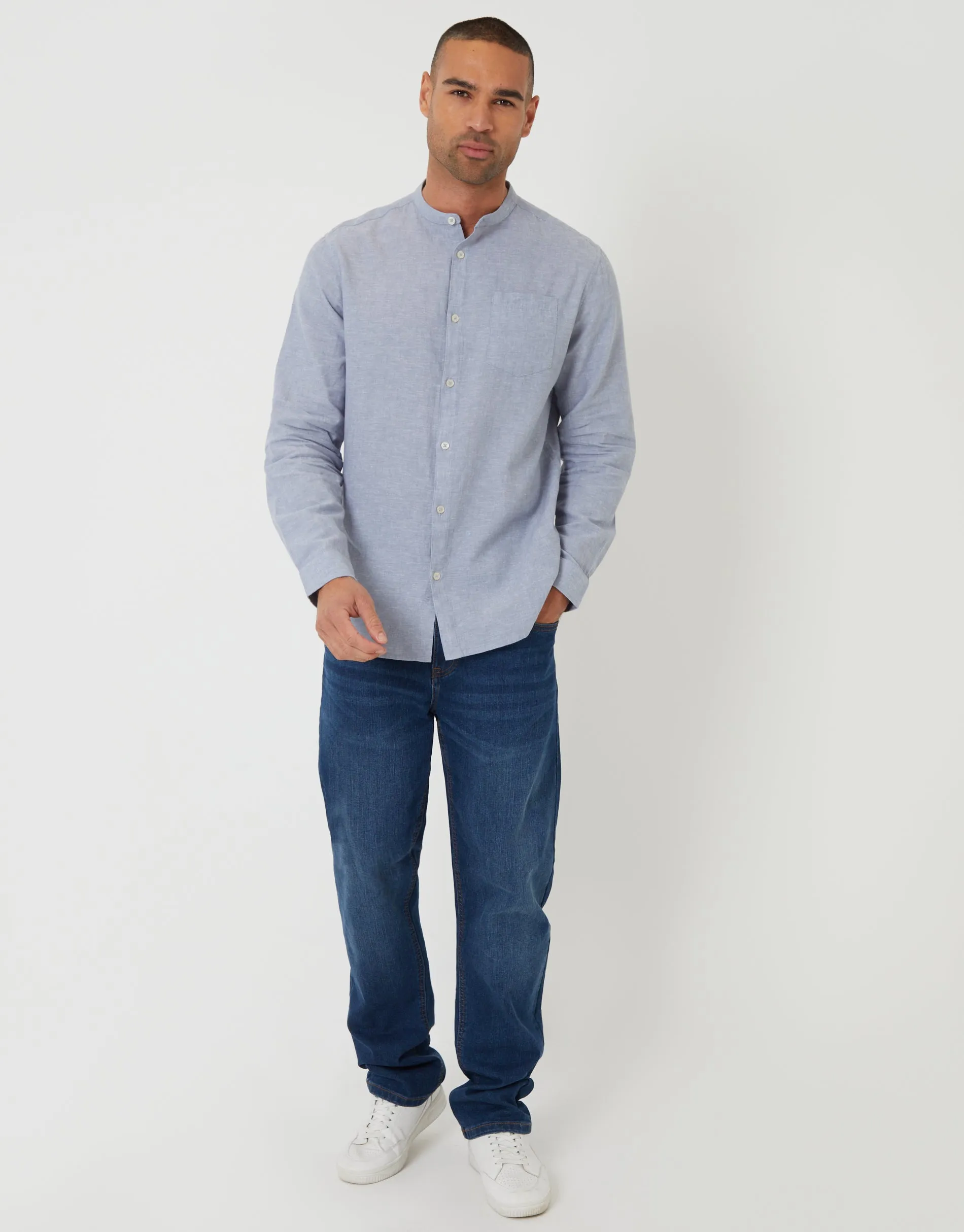 Grandad Collar Linen Blend Long Sleeve Shirt in Denim Blue sold by Threadbare product image thumbnail 3