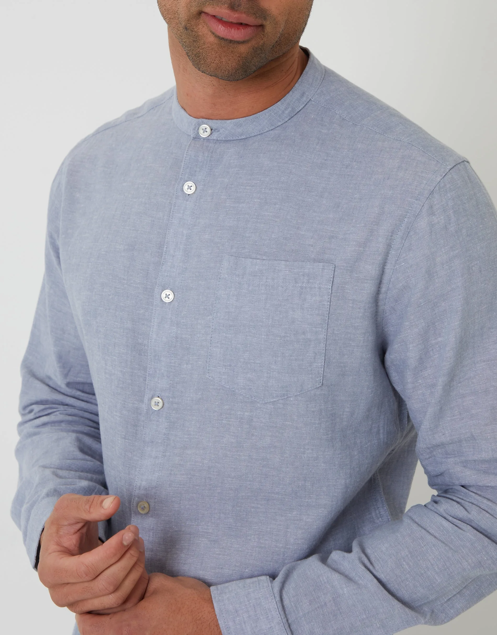 Grandad Collar Linen Blend Long Sleeve Shirt in Denim Blue sold by Threadbare product image thumbnail 4