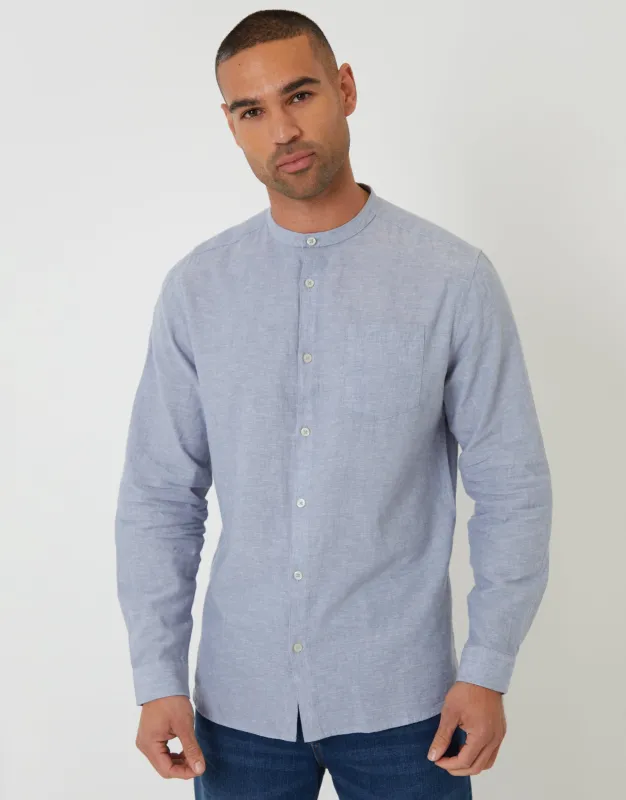 Grandad Collar Linen Blend Long Sleeve Shirt in Denim Blue made by Threadbare