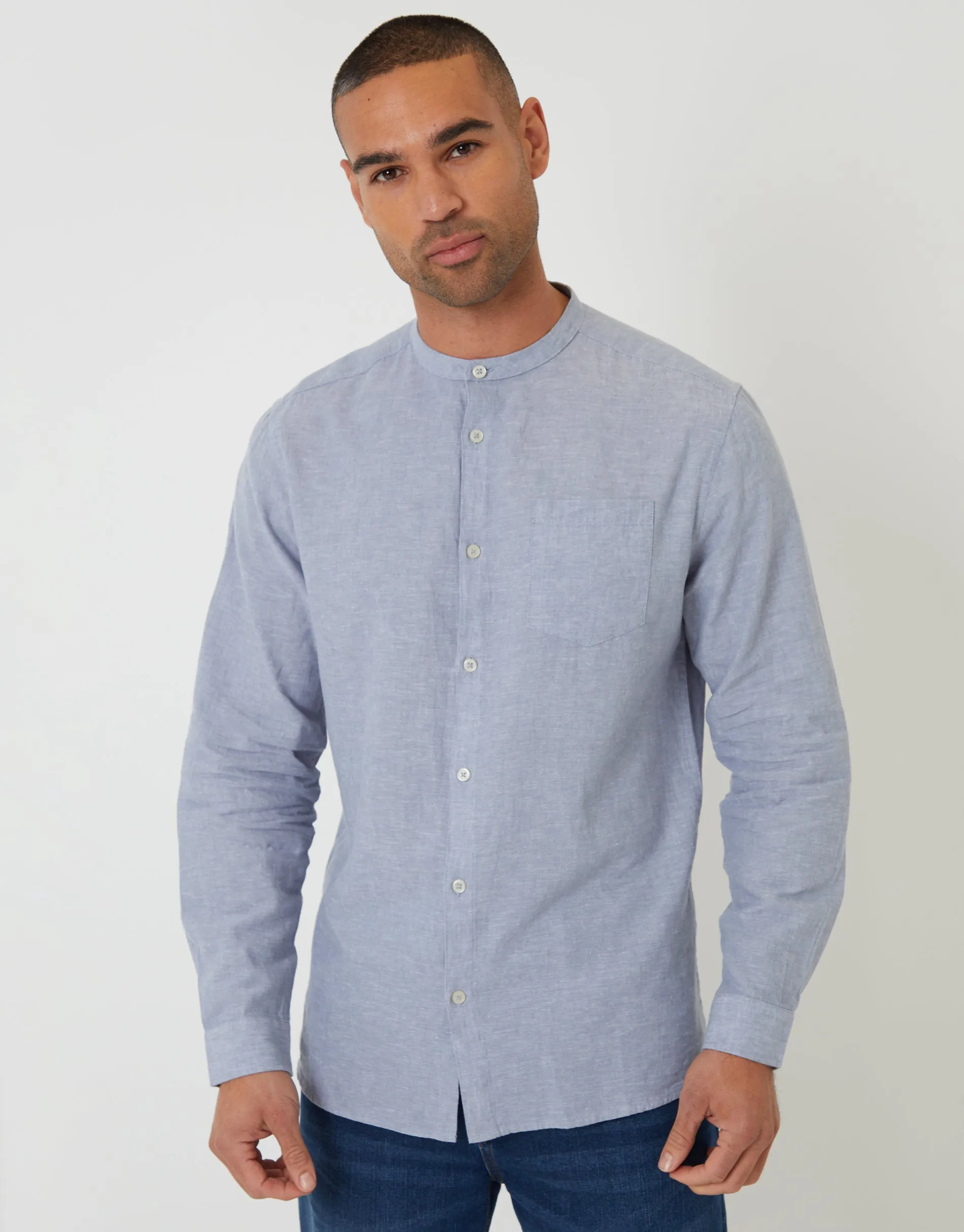 Grandad Collar Linen Blend Long Sleeve Shirt in Denim Blue sold by Threadbare
