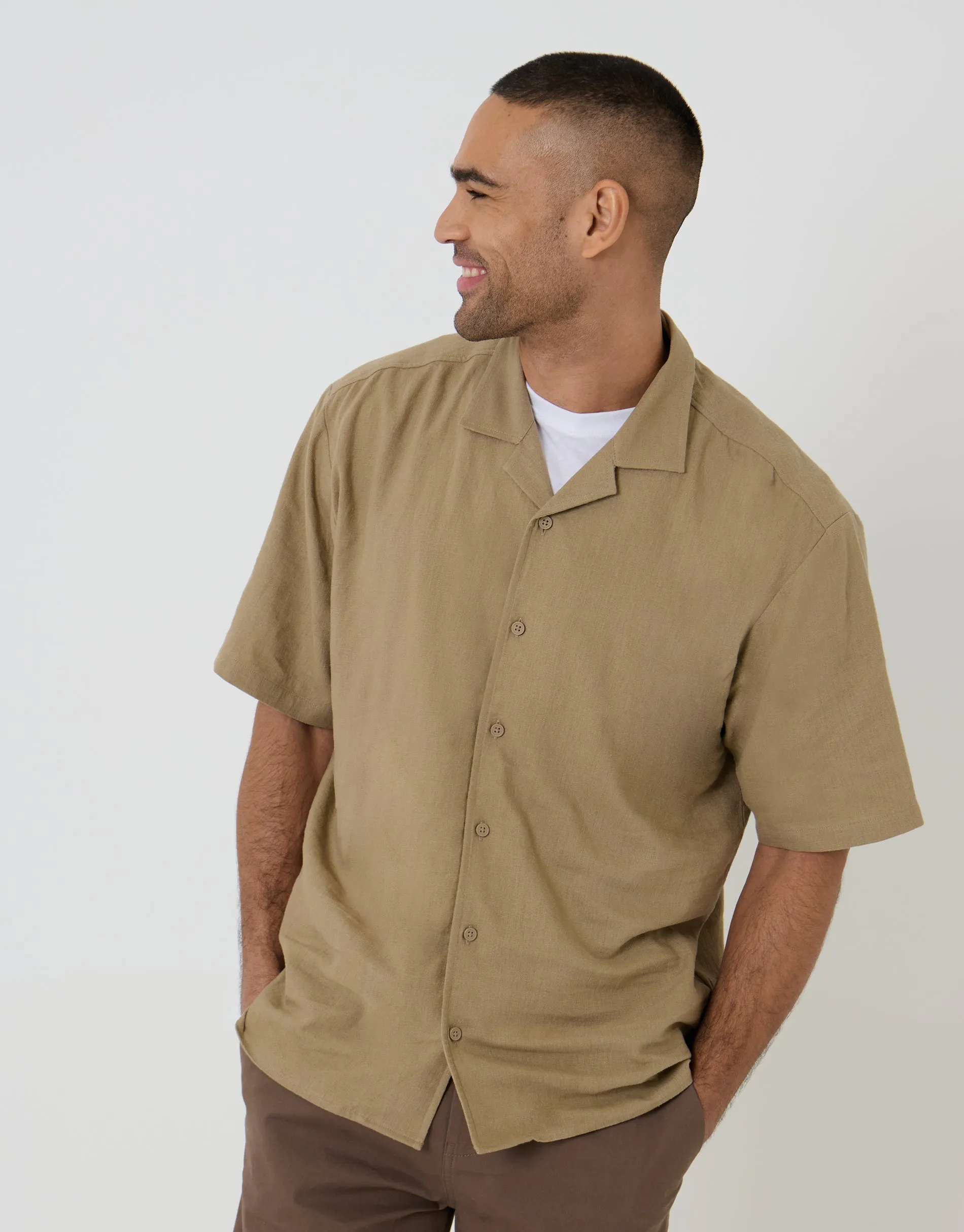 Dark Stone Relaxed Fit Linen Blend Revere Collar Short Sleeve Shirt sold by Threadbare