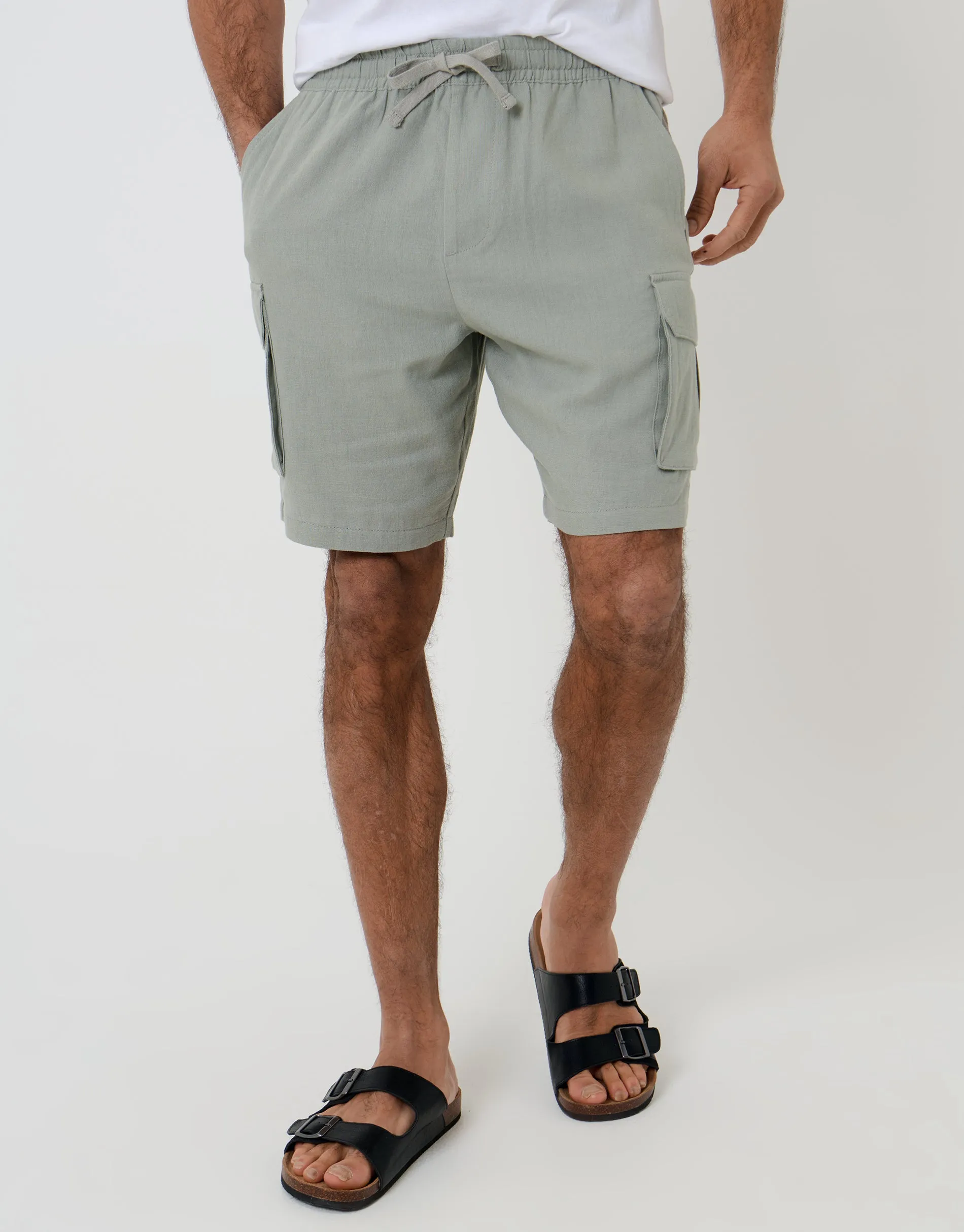 Linen Blend Cargo Shorts in Sage Green sold by Threadbare