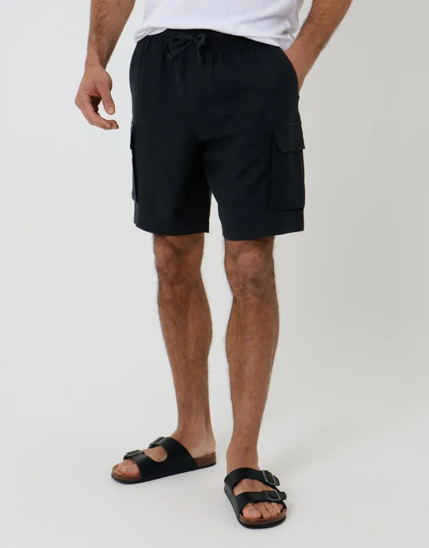 Linen Blend Cargo Shorts in Black made by Threadbare