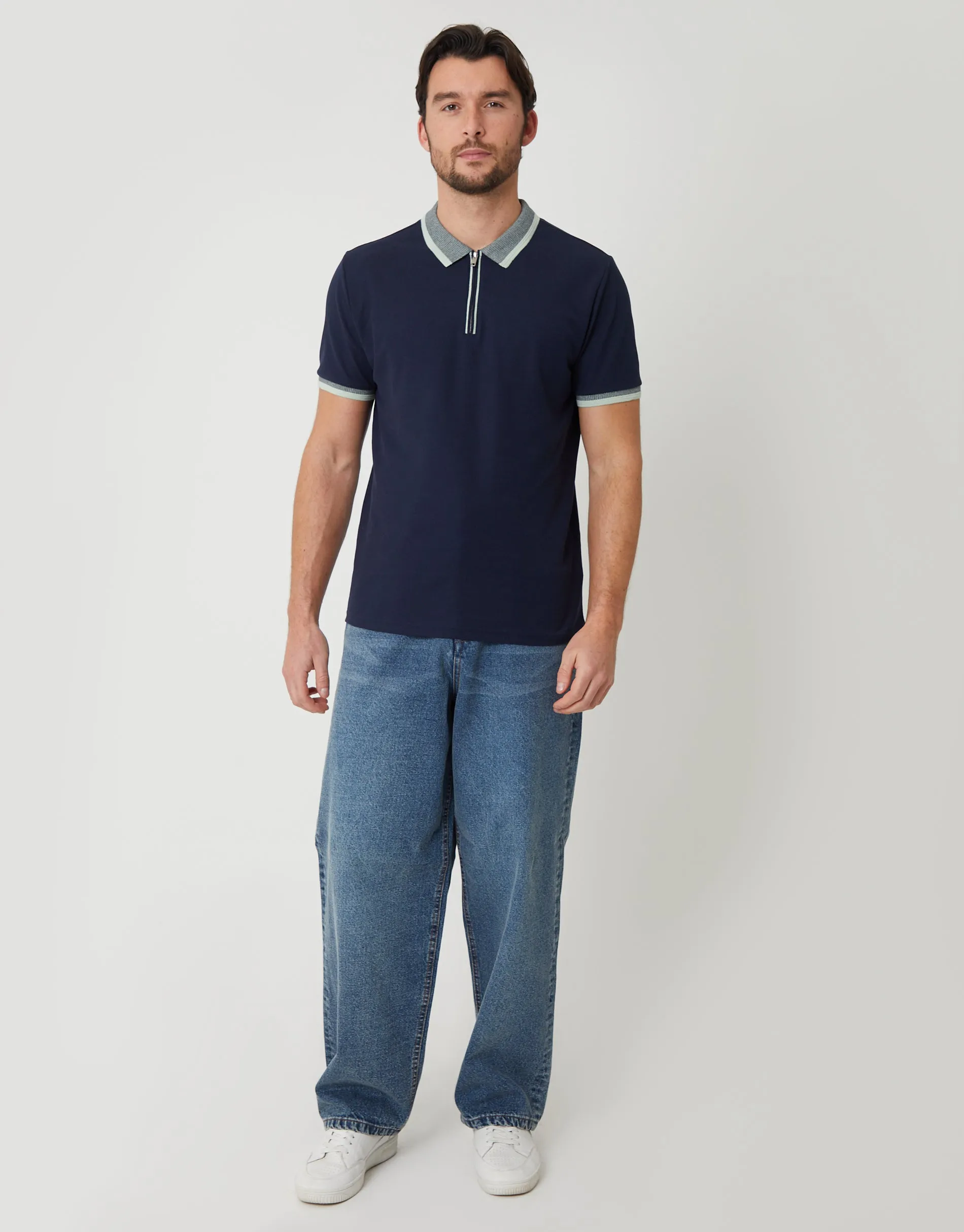 Navy Pique Tipping Collar Quarter Zip Polo Shirt sold by Threadbare product image thumbnail 3