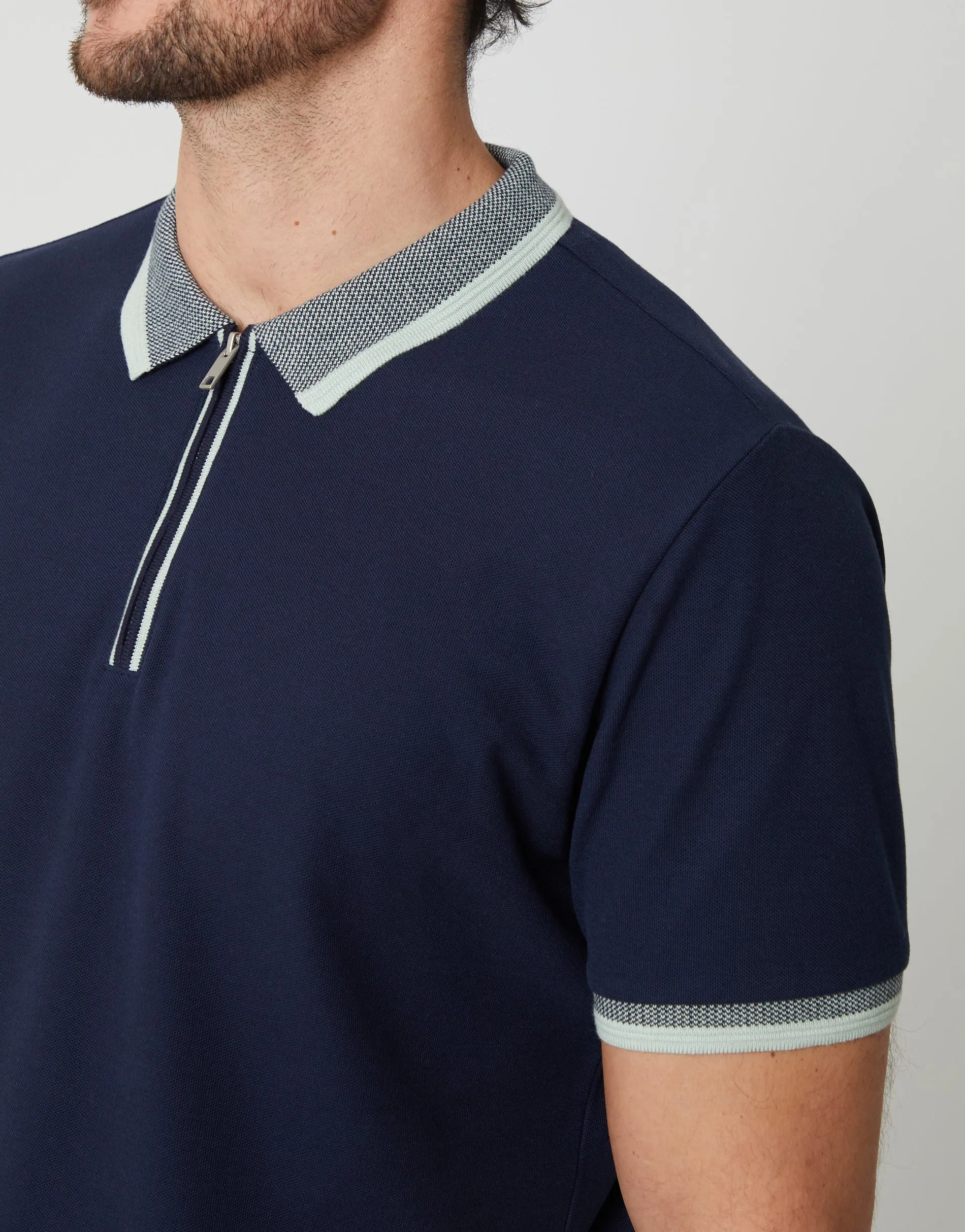 Navy Pique Tipping Collar Quarter Zip Polo Shirt sold by Threadbare product image thumbnail 4