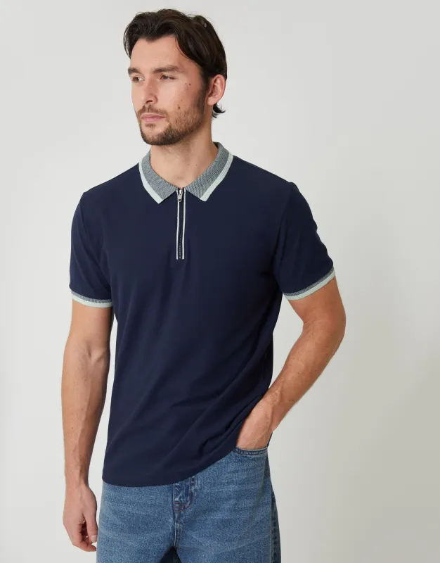 Navy Pique Tipping Collar Quarter Zip Polo Shirt made by Threadbare