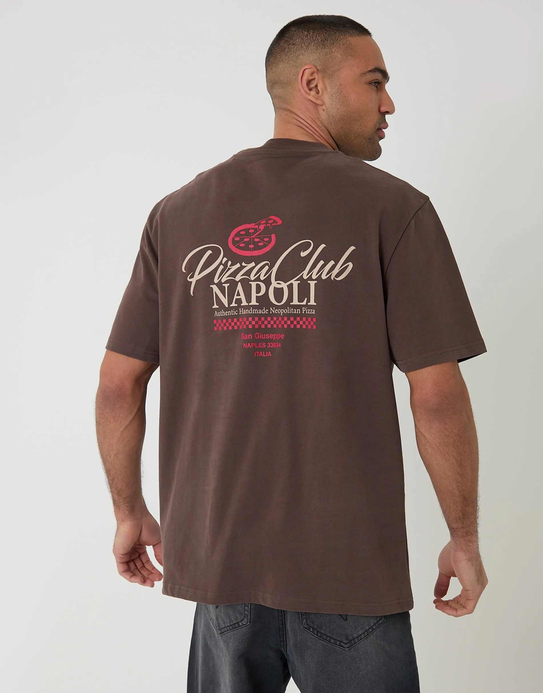 Chocolate Brown Relaxed Fit Pizza Peached Cotton T-Shirt sold by Threadbare