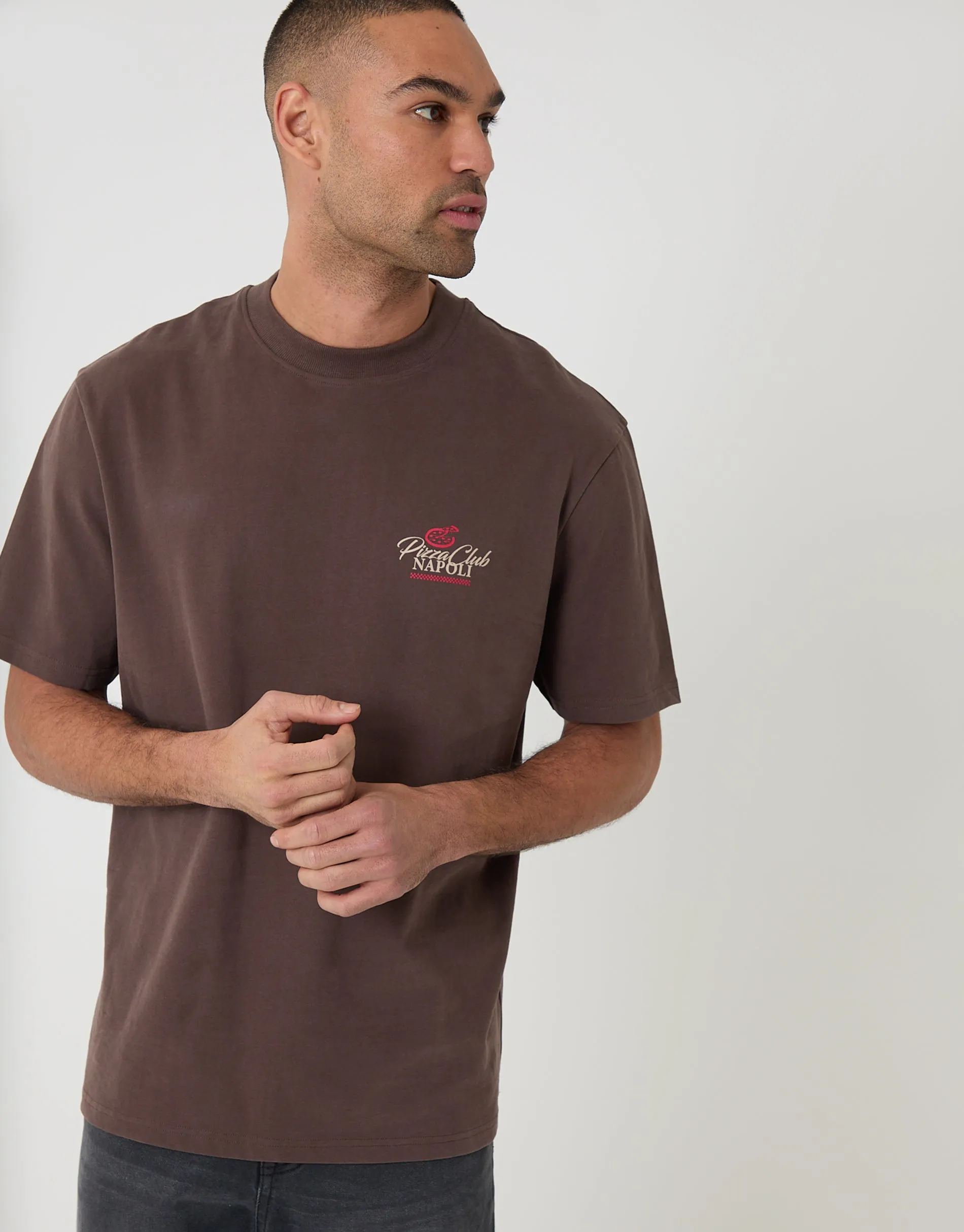 Chocolate Brown Relaxed Fit Pizza Peached Cotton T-Shirt sold by Threadbare product image thumbnail 2