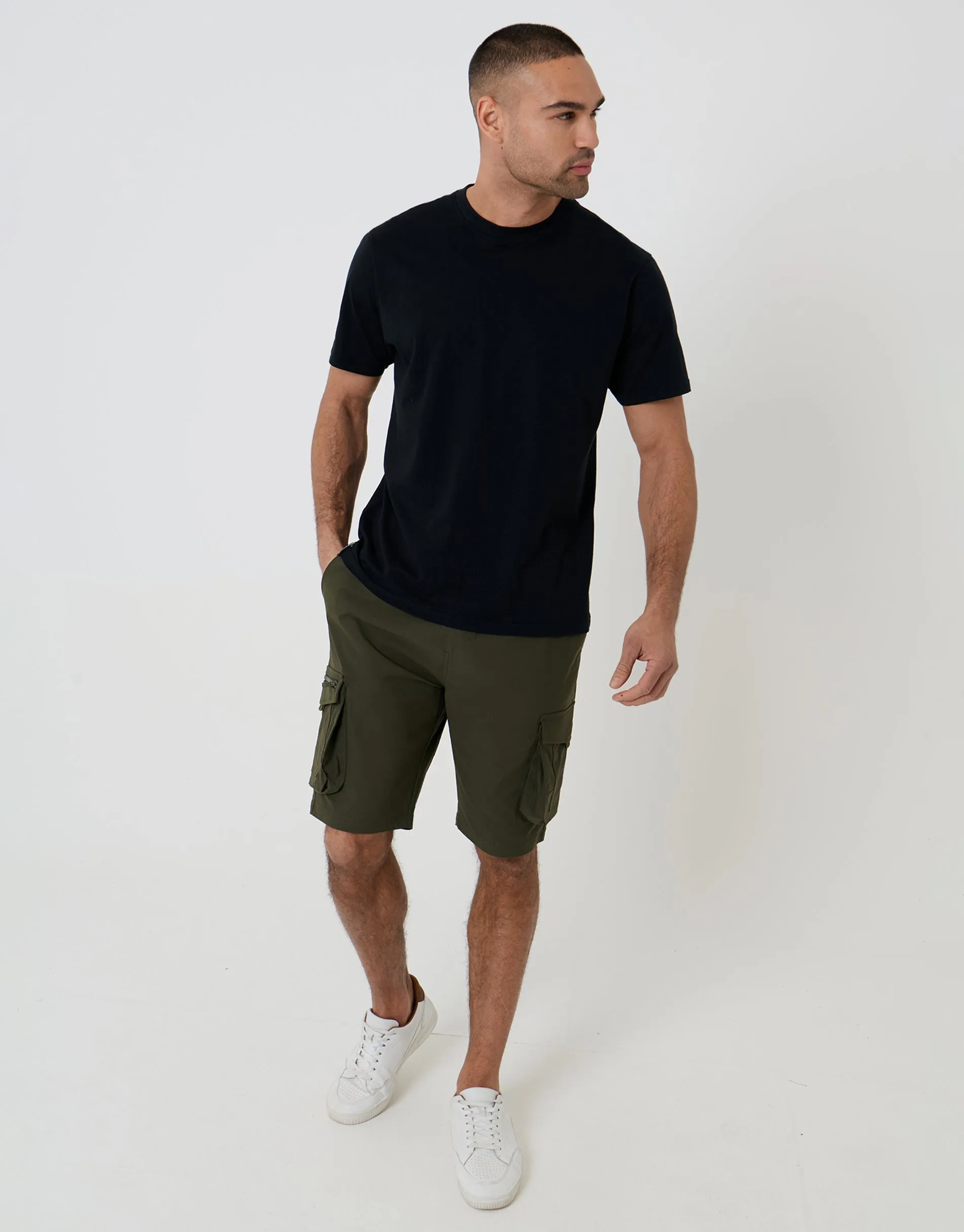 Khaki Green Elasticated Waist Stretch Cargo Shorts sold by Threadbare product image thumbnail 3