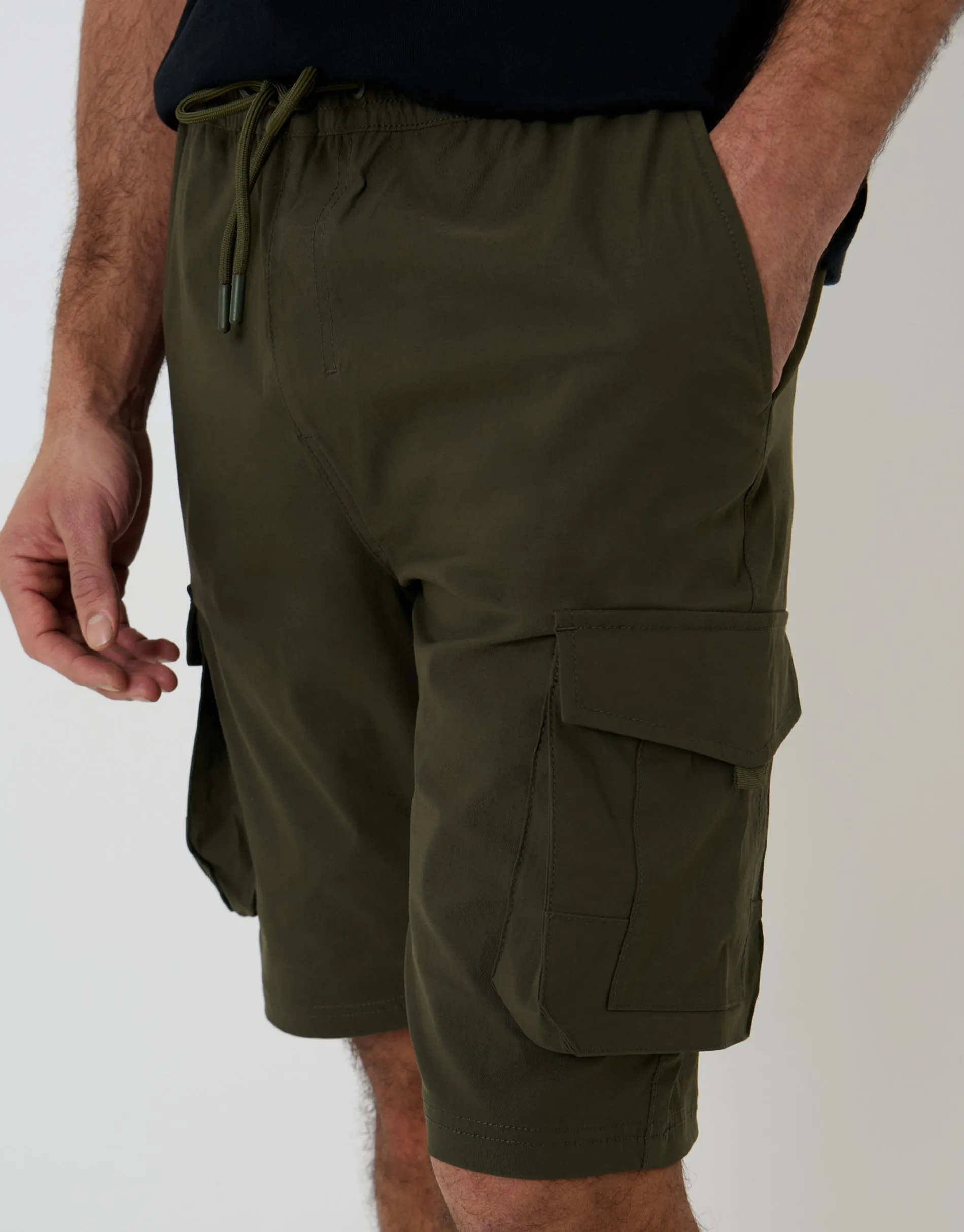 Khaki Green Elasticated Waist Stretch Cargo Shorts sold by Threadbare product image thumbnail 4