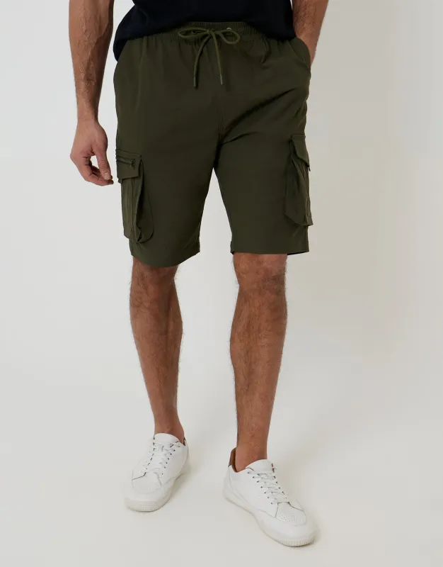 Khaki Green Elasticated Waist Stretch Cargo Shorts sold by Threadbare