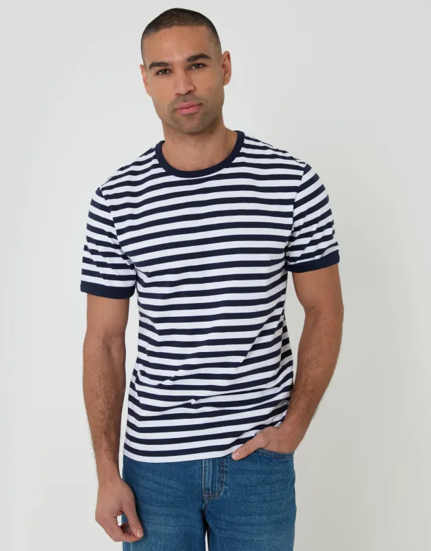 Navy Stripe Cotton Ringer T-Shirt sold by Threadbare