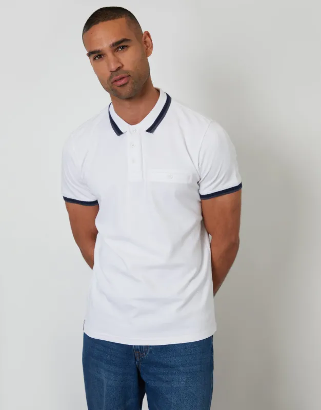 White Jetted Pocket Cotton Interlock Polo Shirt made by Threadbare