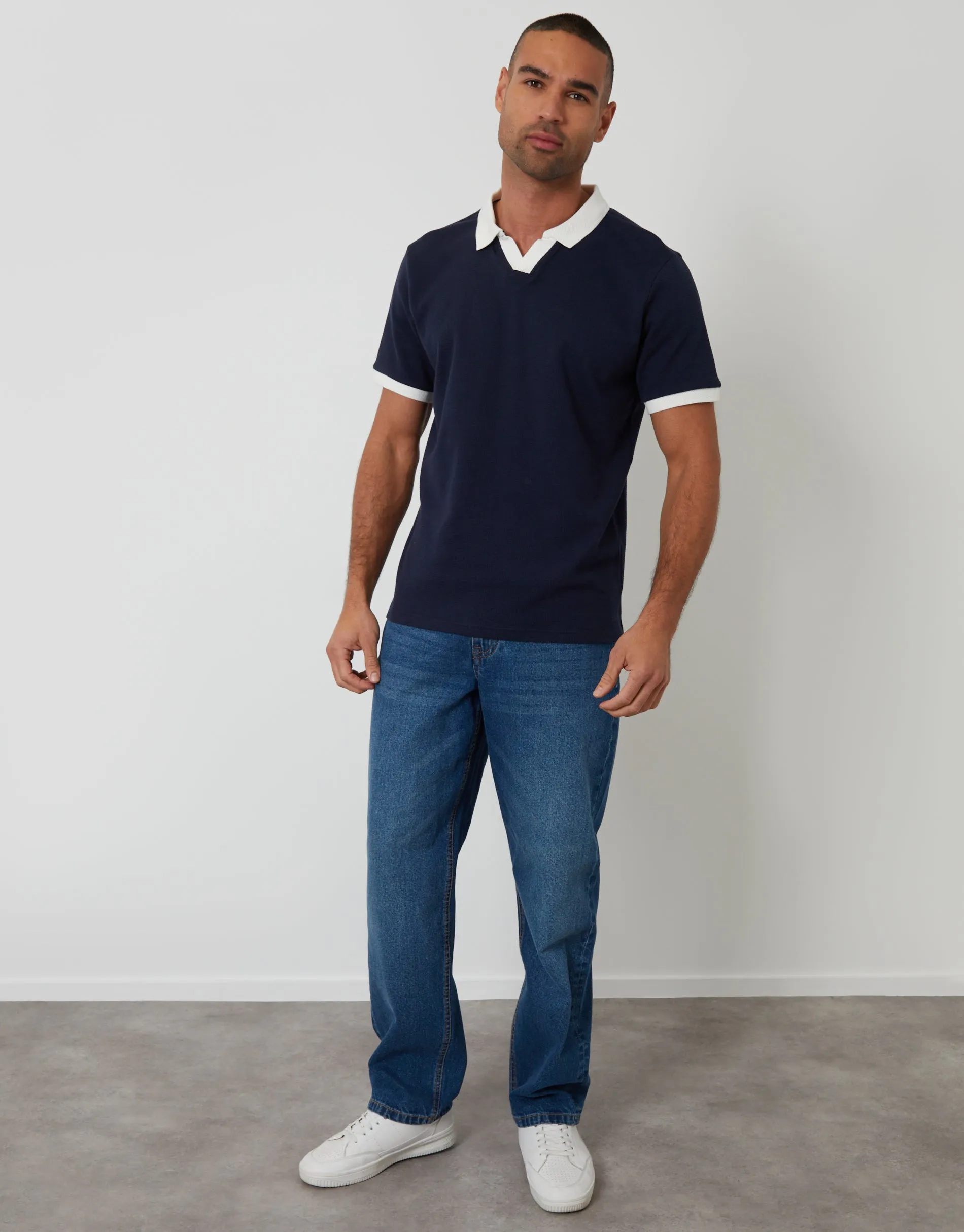 Navy Trophy Neck Waffle Polo Shirt sold by Threadbare product image thumbnail 3