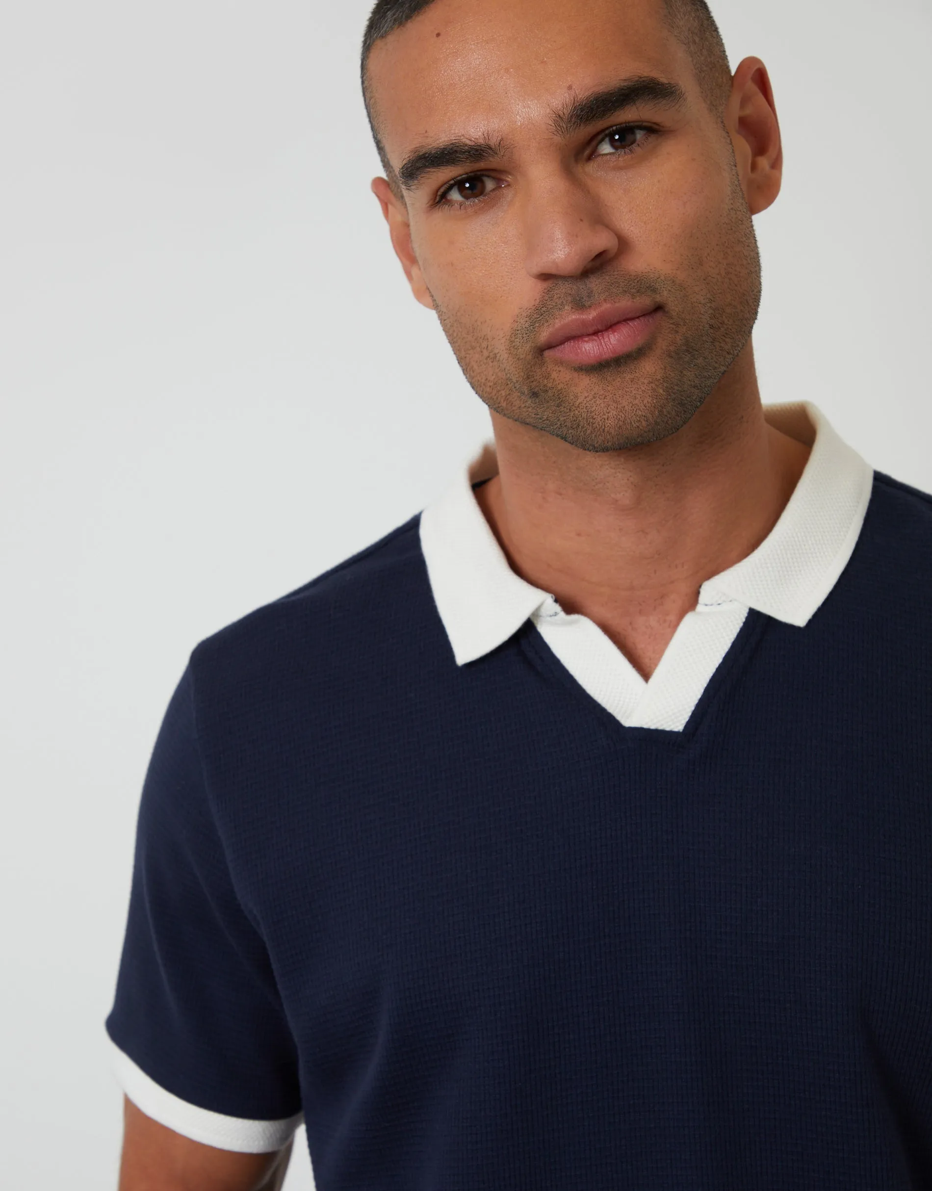 Navy Trophy Neck Waffle Polo Shirt sold by Threadbare product image thumbnail 4