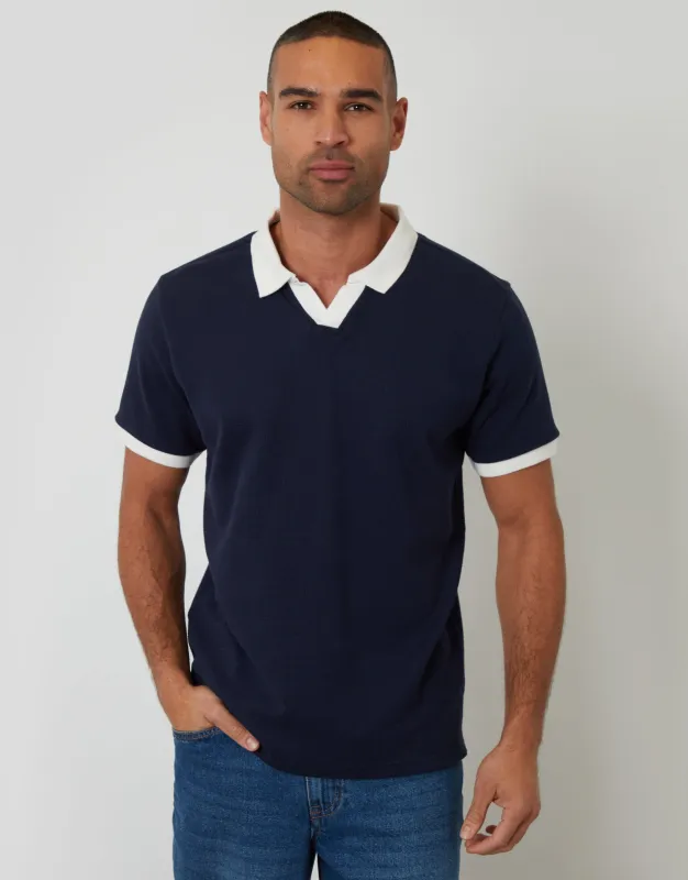 Navy Trophy Neck Waffle Polo Shirt made by Threadbare