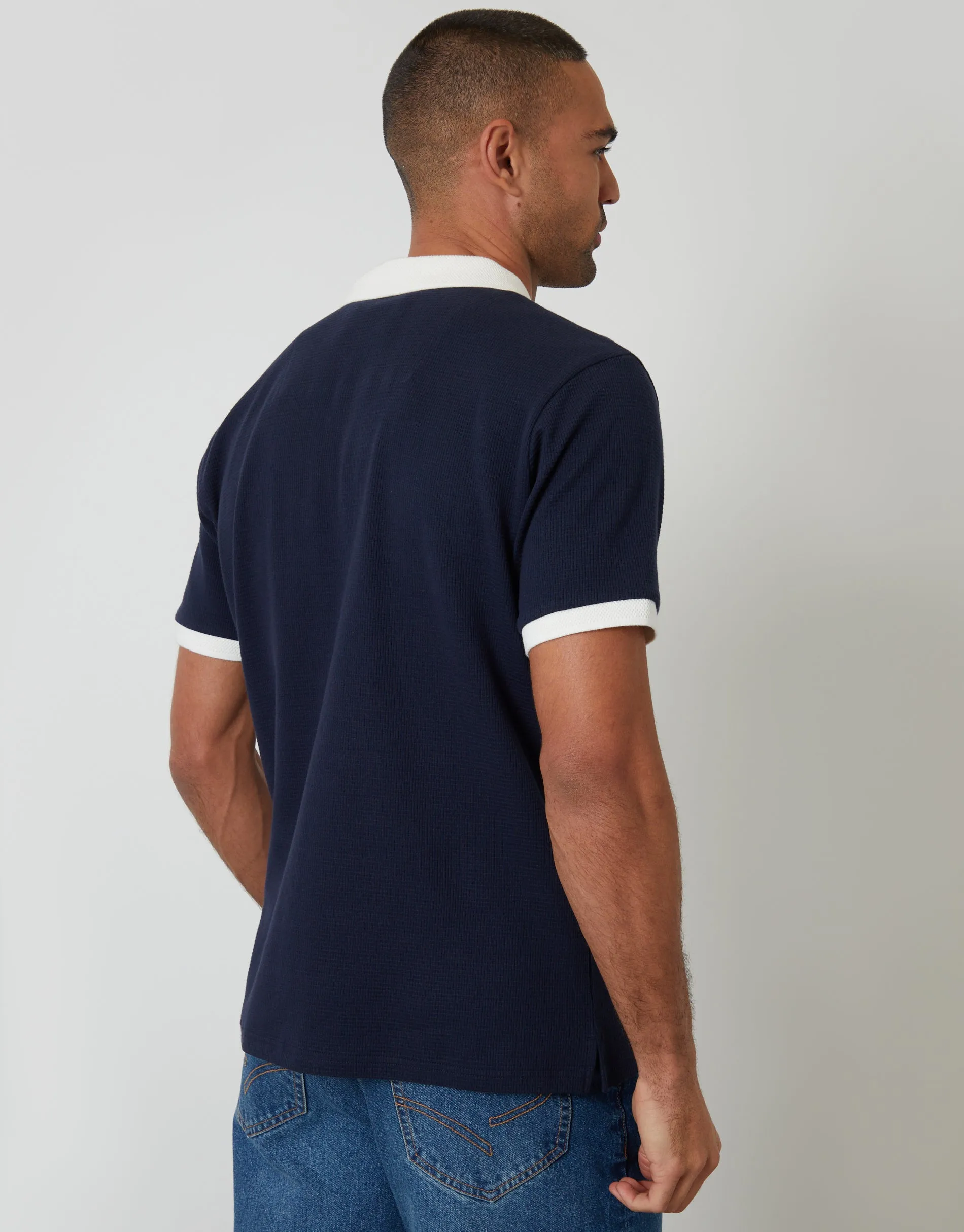 Navy Trophy Neck Waffle Polo Shirt sold by Threadbare product image thumbnail 2