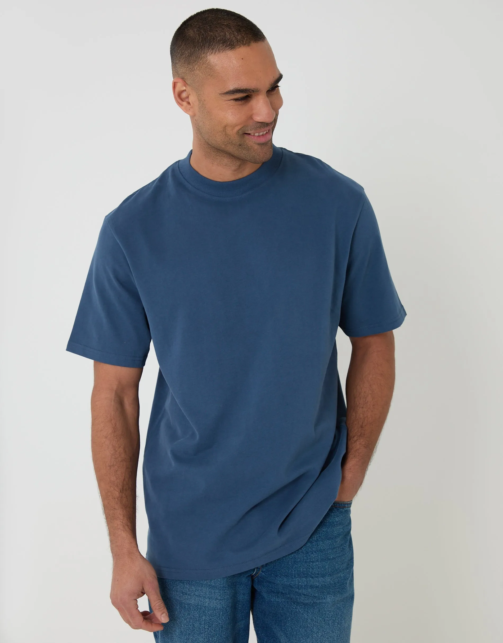 Dark Denim Relaxed Fit Peached Cotton T-Shirt sold by Threadbare