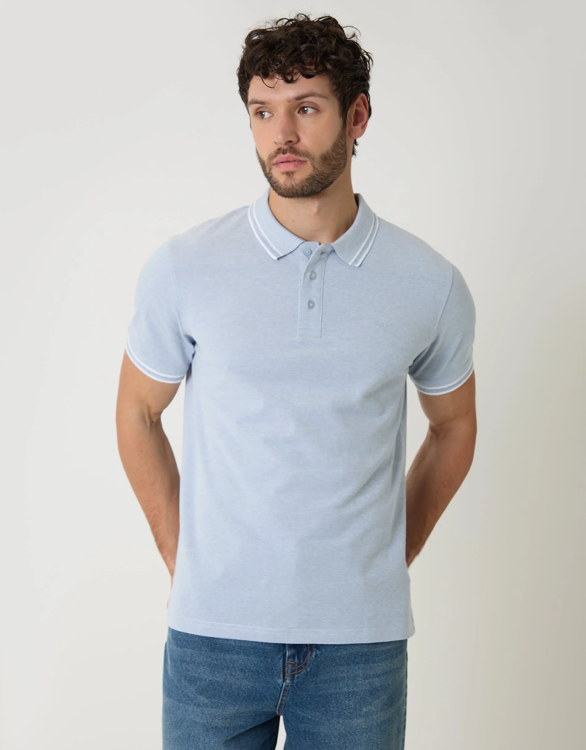 Denim Blue Two Tone Cotton Pique Polo Shirt sold by Threadbare