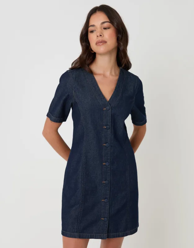Indigo Denim Button Up Mini Dress sold by Threadbare