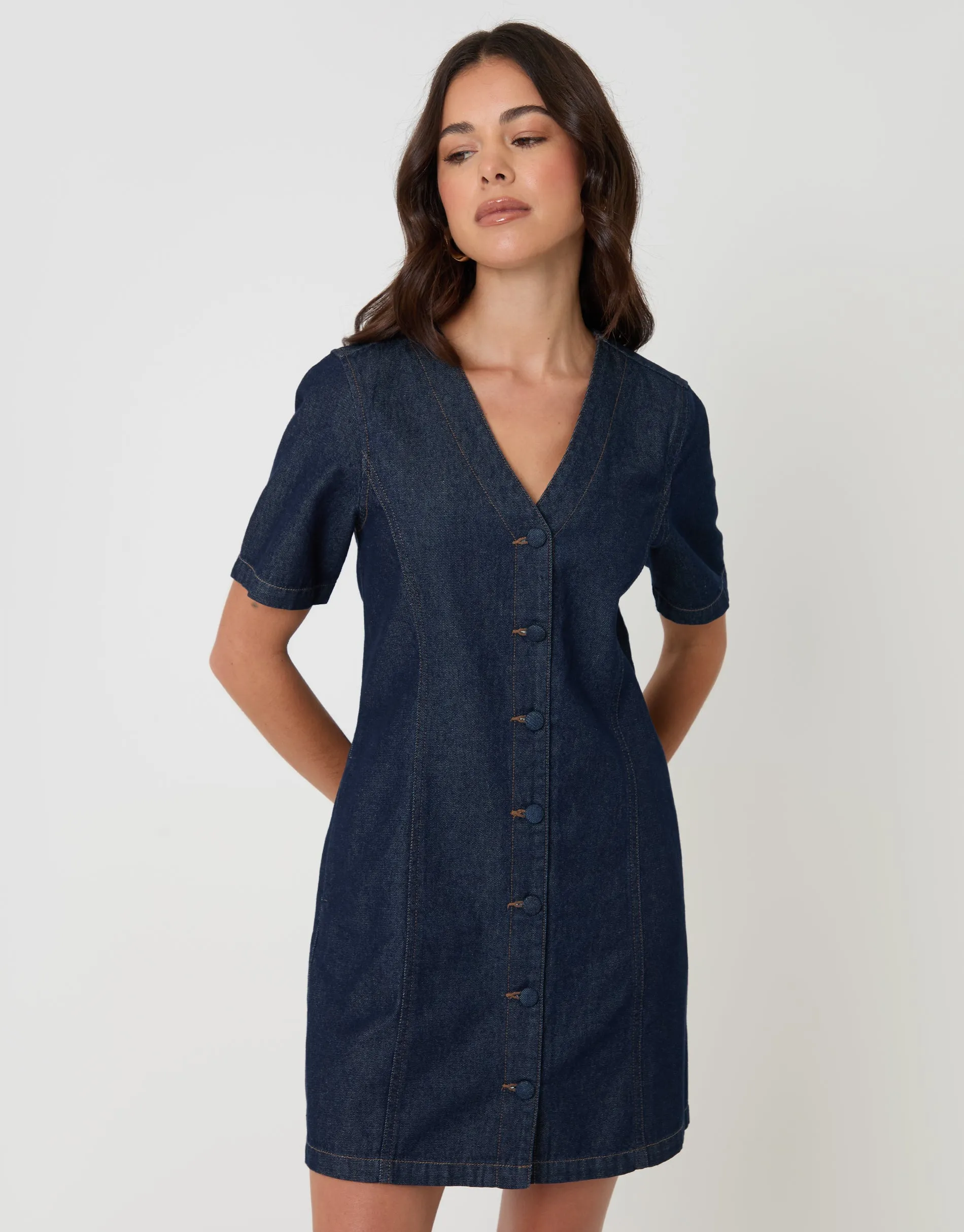 Indigo Denim Button Up Mini Dress sold by Threadbare