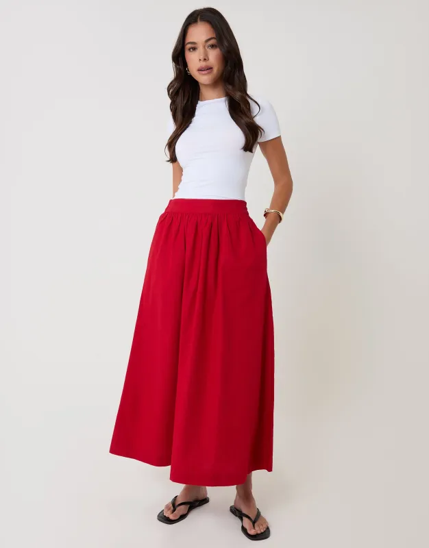 Red Linen Blend Gathered Midaxi Skirt sold by Threadbare