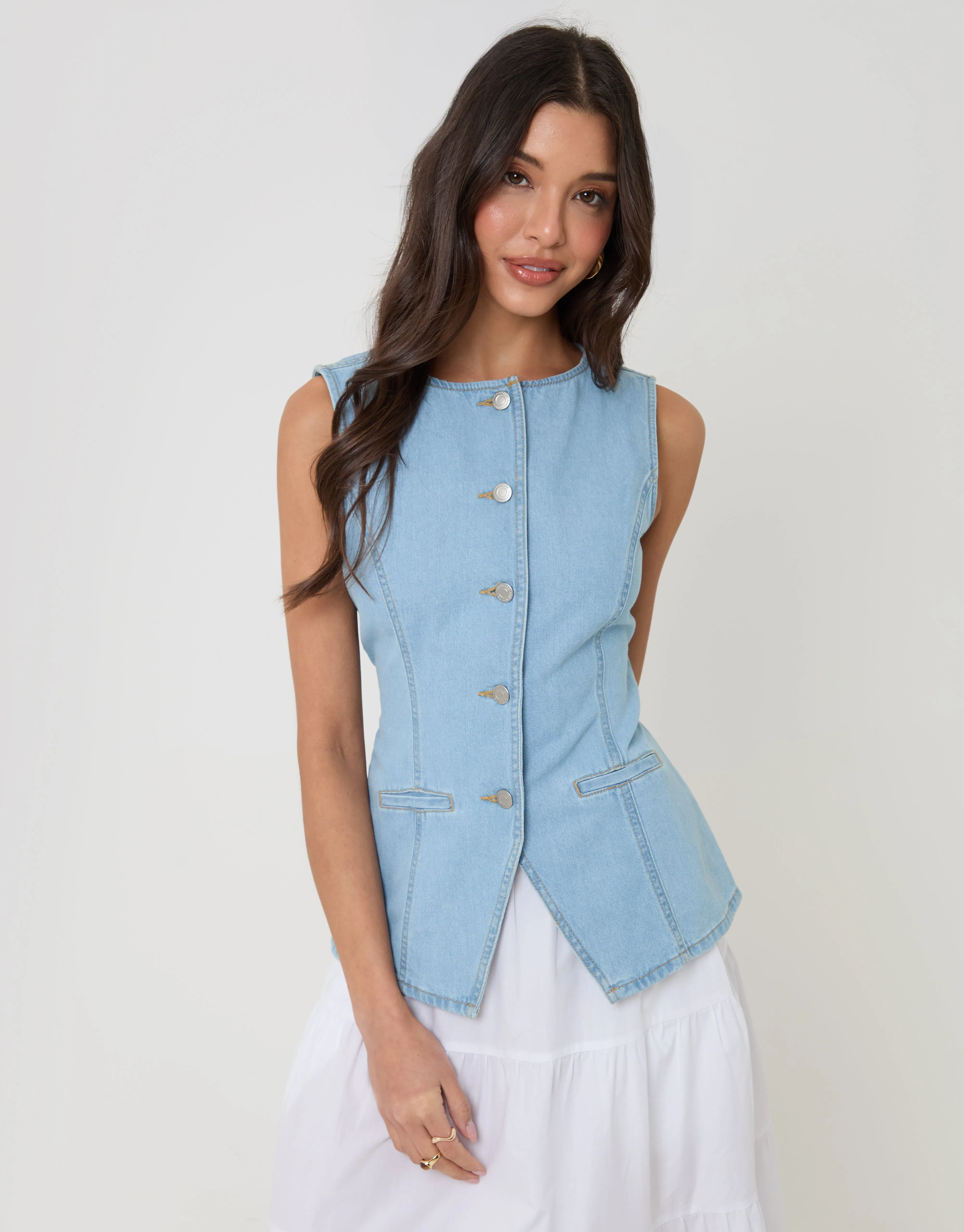 Denim Longline Waistcoat in Light Wash sold by Threadbare product image thumbnail 5