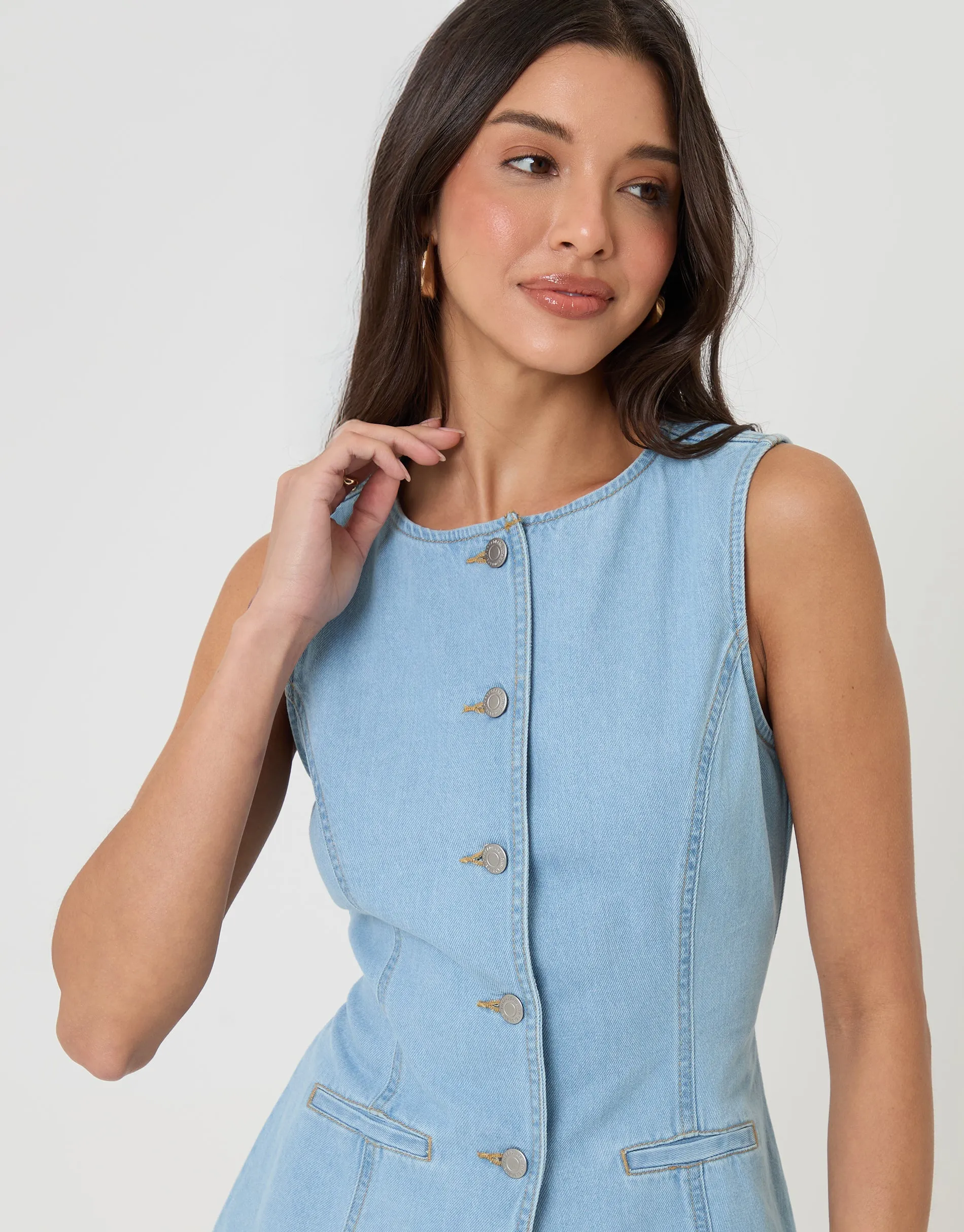 Denim Longline Waistcoat in Light Wash sold by Threadbare product image thumbnail 4